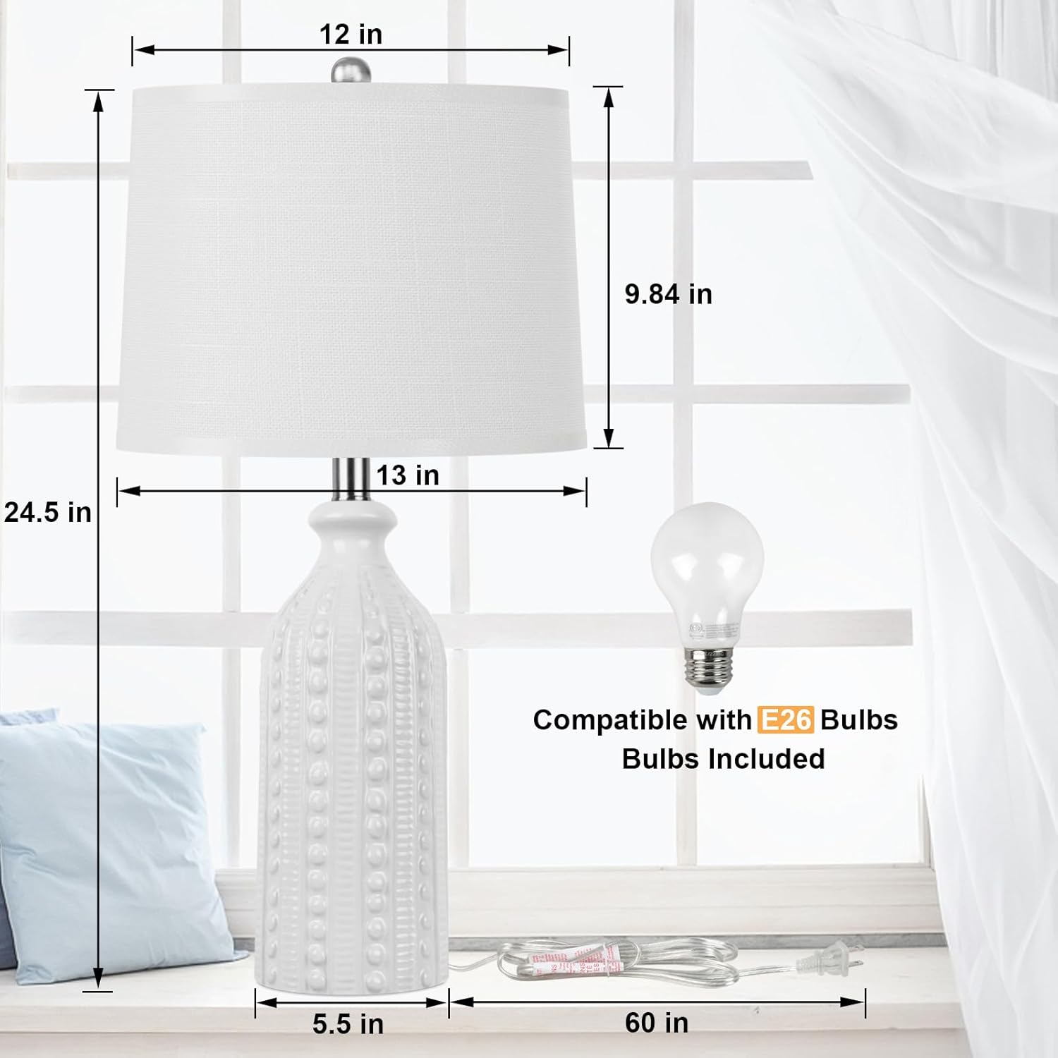 JUNNAI White Ceramic Table Lamp 24.5": 3-Way Dimmable Bedside Lamp with White Drum Slub Shade, Modern Nightstand Lamp for Bedroom & Living Room (Bulb Included)