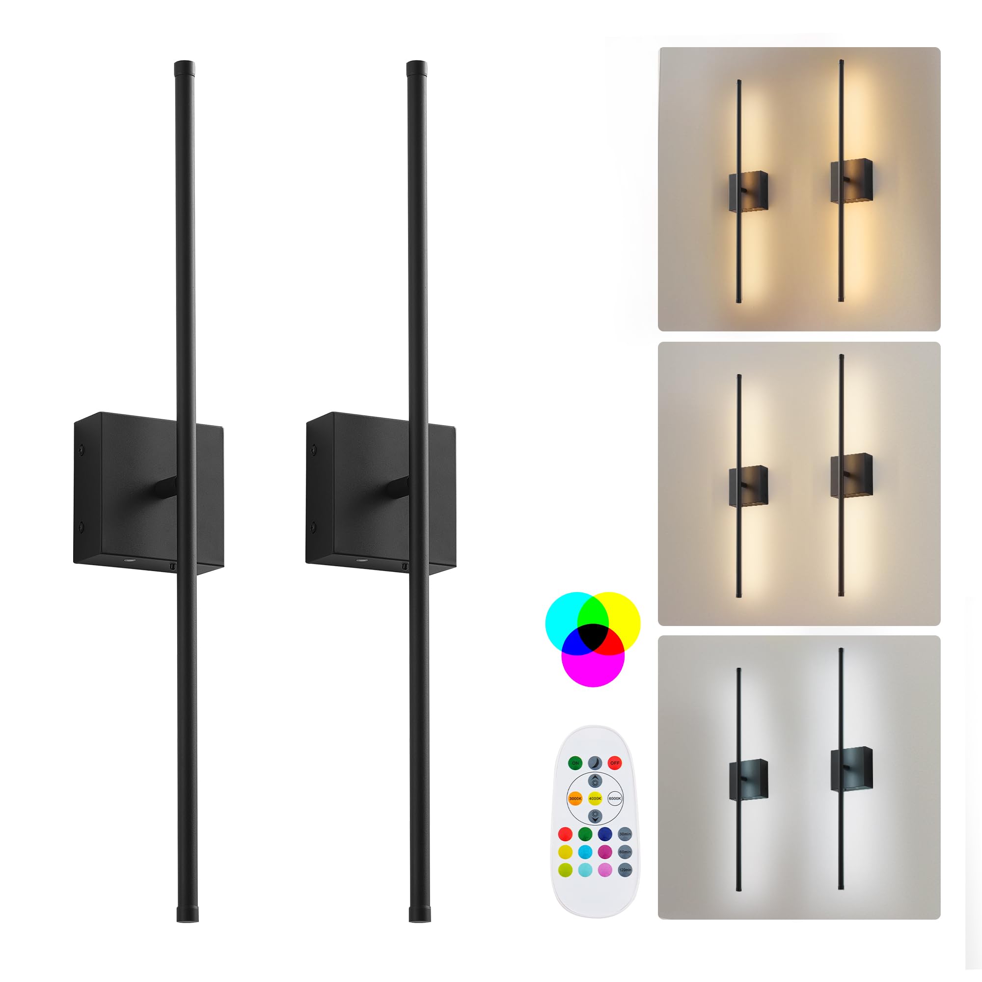 KARTOOSH 28.3 Inch Wall Sconces Battery Operated for Bedroom Hallway, Rechargeable Wireless Wall Lamp Set of 2, 3000K Warm White Dimmable Wall Light w/Remote Timer Memory Indoor Sconce Decor, Black