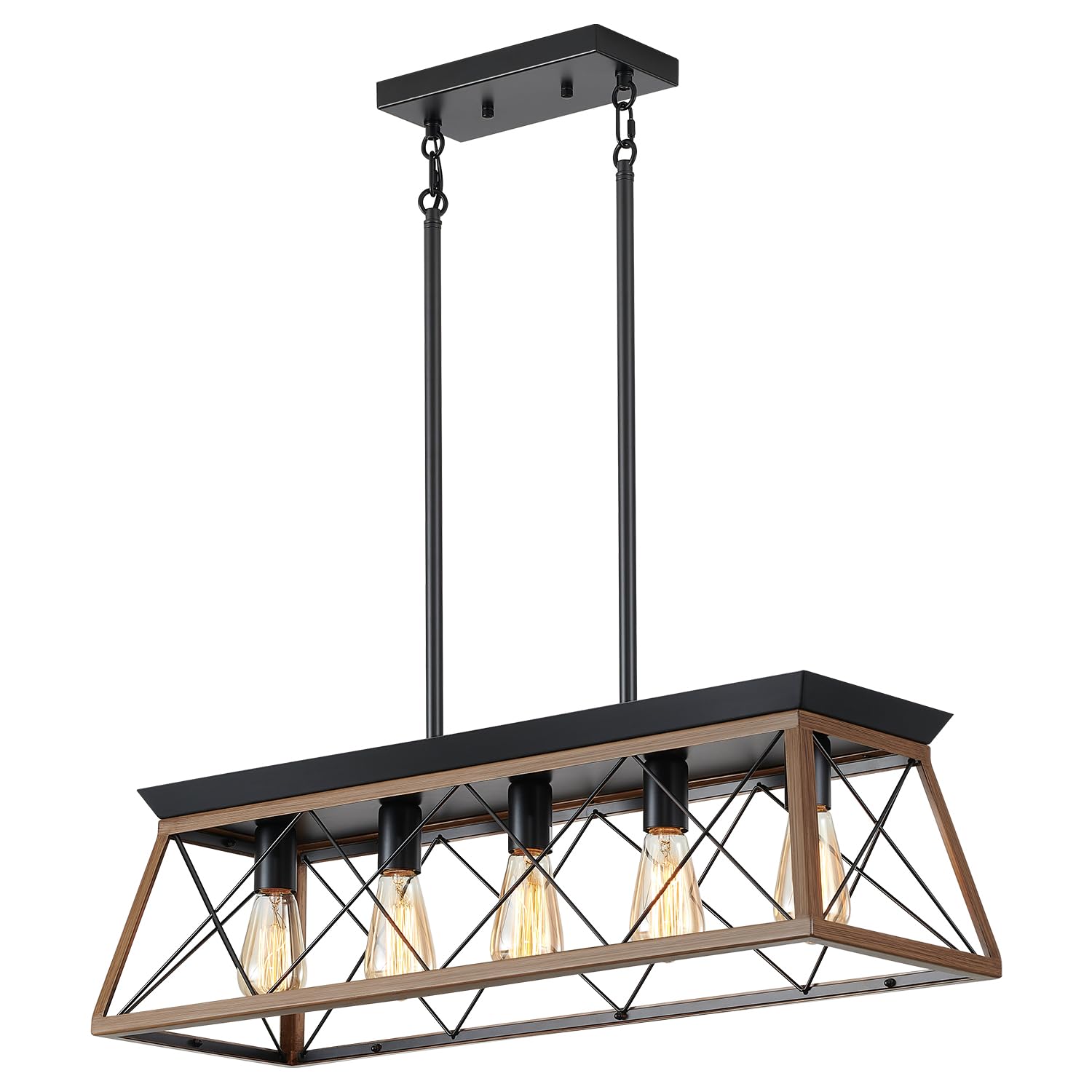 Industrial Pendant Light Fixture, 3-Light Kitchen Island Lighting with Wood Grain Bar and Black Metal Cage, Farmhouse Rustic Hanging Ceiling Lamp for Dining Room, Living Room