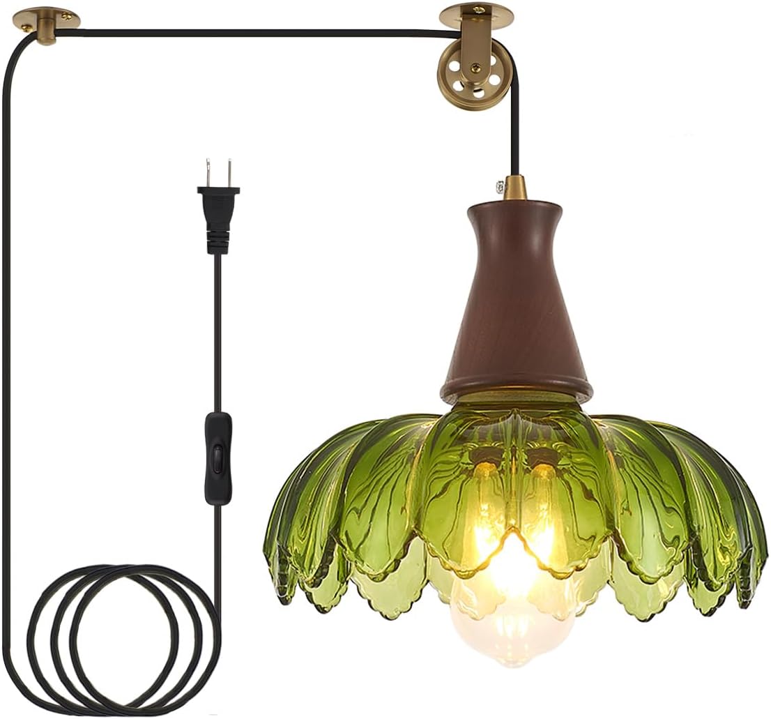 YLONG-ZS Vintage Plug in Pendant Light,Boho Hanging Lamp Plug in Pulley Green Glass Pendant Lamp,Modern Walnut Color Wood Hanging Light for Kitchen Island, Bedroom, Dining Room, Living Room