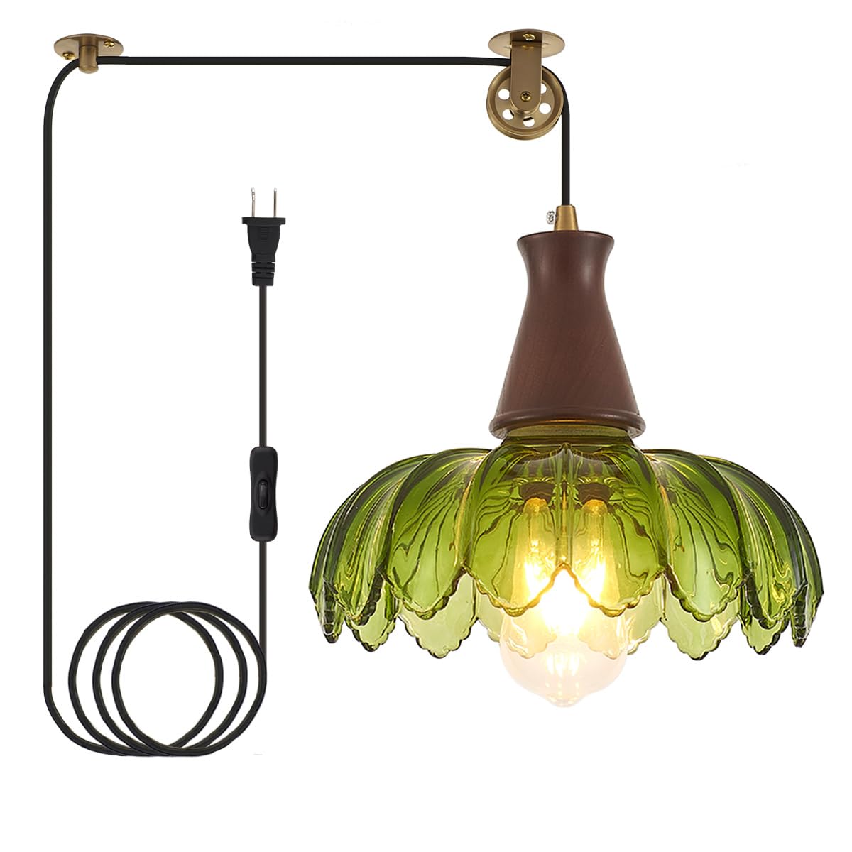 YLONG-ZS Vintage Plug in Pendant Light,Boho Hanging Lamp Plug in Pulley Green Glass Pendant Lamp,Modern Walnut Color Wood Hanging Light for Kitchen Island, Bedroom, Dining Room, Living Room