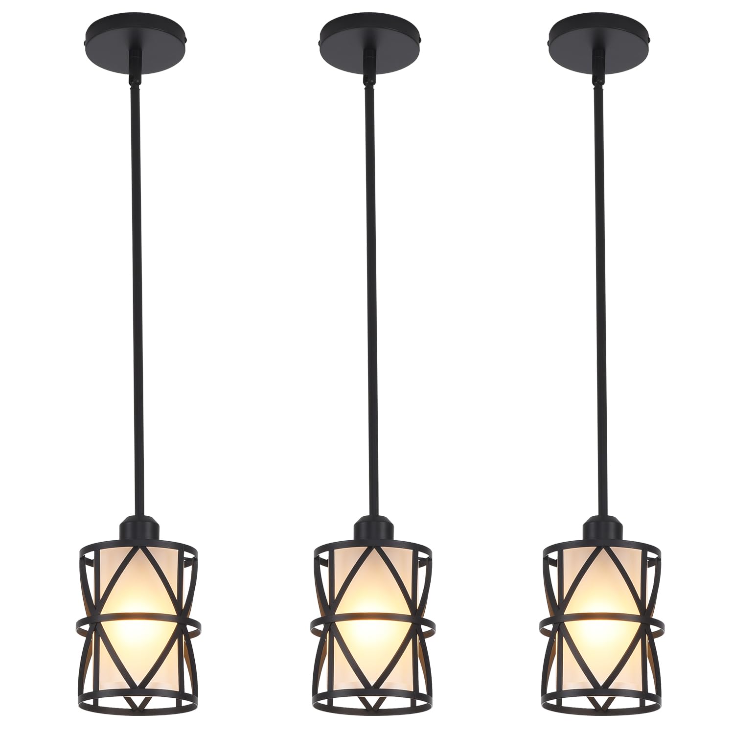 3 Pack Pendant Light Kitchen Island Pendant Lighting, Glass Hanging Light with Spiral Cage Clear Glass Shade, Black Modern Indoor Hanging Lamp