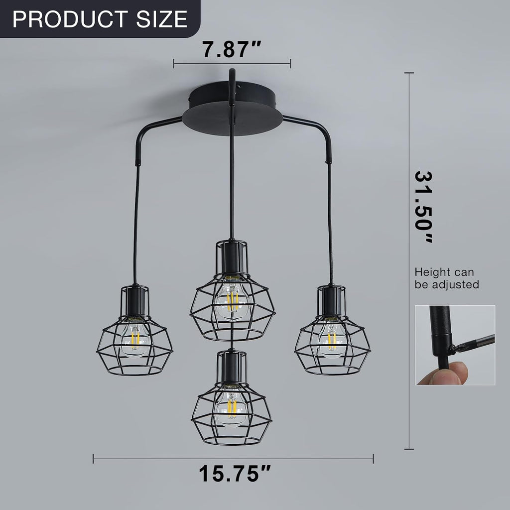 4-Light Pendant Light Fixtures, Industrial Farmhouse Hanging Lighting, Black Metal Cage Dining Room Chandelier, Height Adjustable Multi-Light Ceiling Lamp for Kitchen Island, Foyer, Entryway, E26 Base
