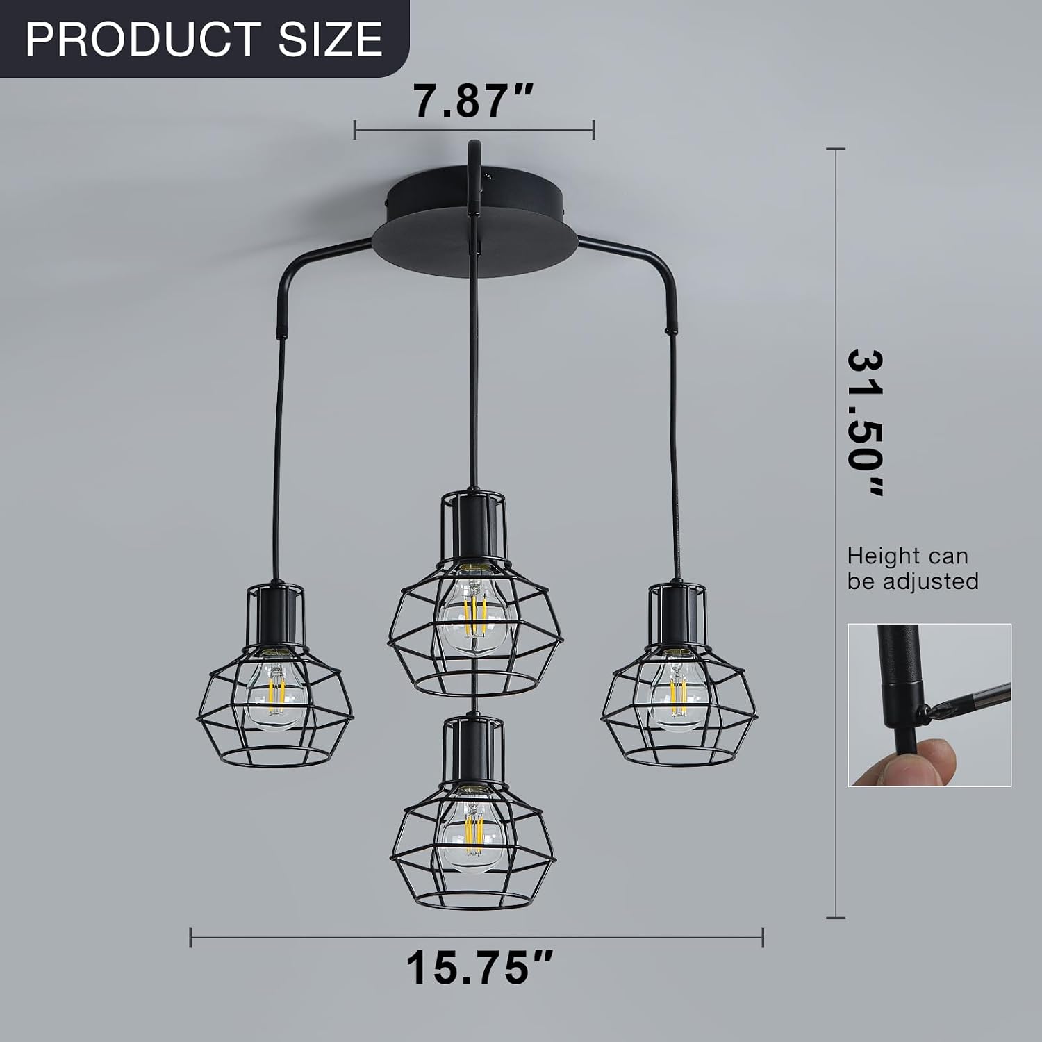 4-Light Pendant Light Fixtures, Industrial Farmhouse Hanging Lighting, Black Metal Cage Dining Room Chandelier, Height Adjustable Multi-Light Ceiling Lamp for Kitchen Island, Foyer, Entryway, E26 Base