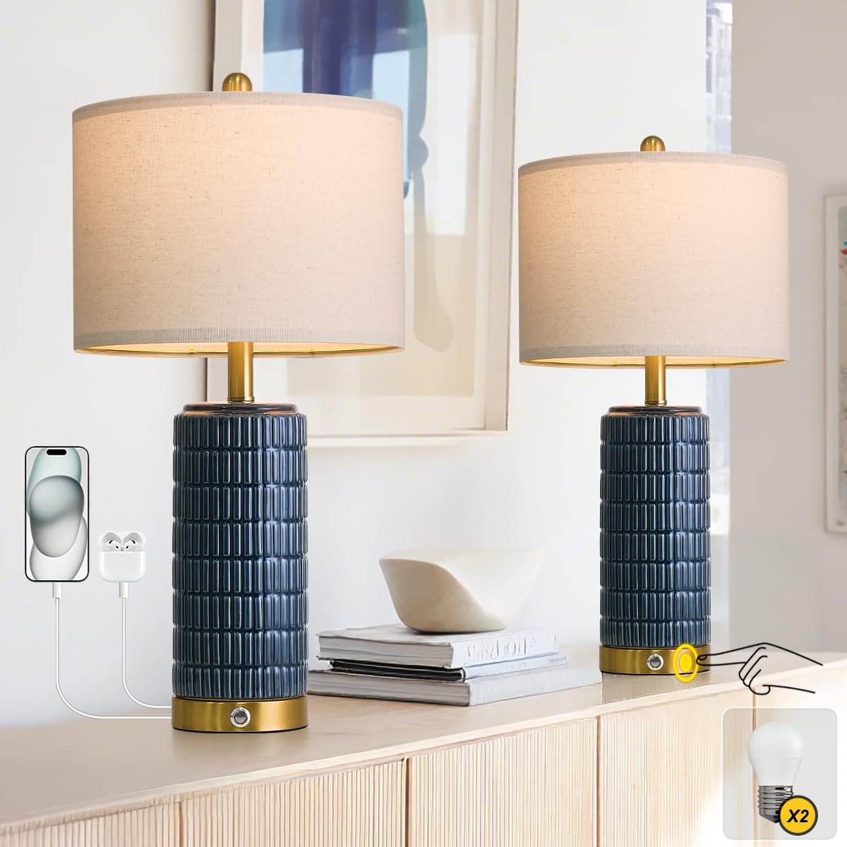 PoKat Stone-Like Ceramic Table Lamps with USB Ports for Bedroom, 25'' Matte-White Dimmable Nightstand Touch Lamps for Night Stands with Gold Base, Farmhouse Lamps for Living Room End Side Table