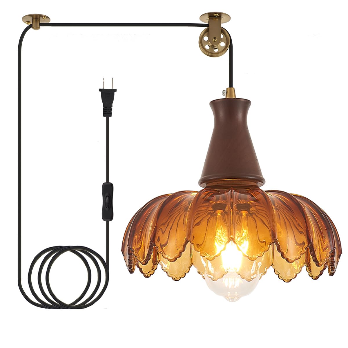 YLONG-ZS Vintage Plug in Pendant Light,Boho Hanging Lamp Plug in Pulley Green Glass Pendant Lamp,Modern Walnut Color Wood Hanging Light for Kitchen Island, Bedroom, Dining Room, Living Room