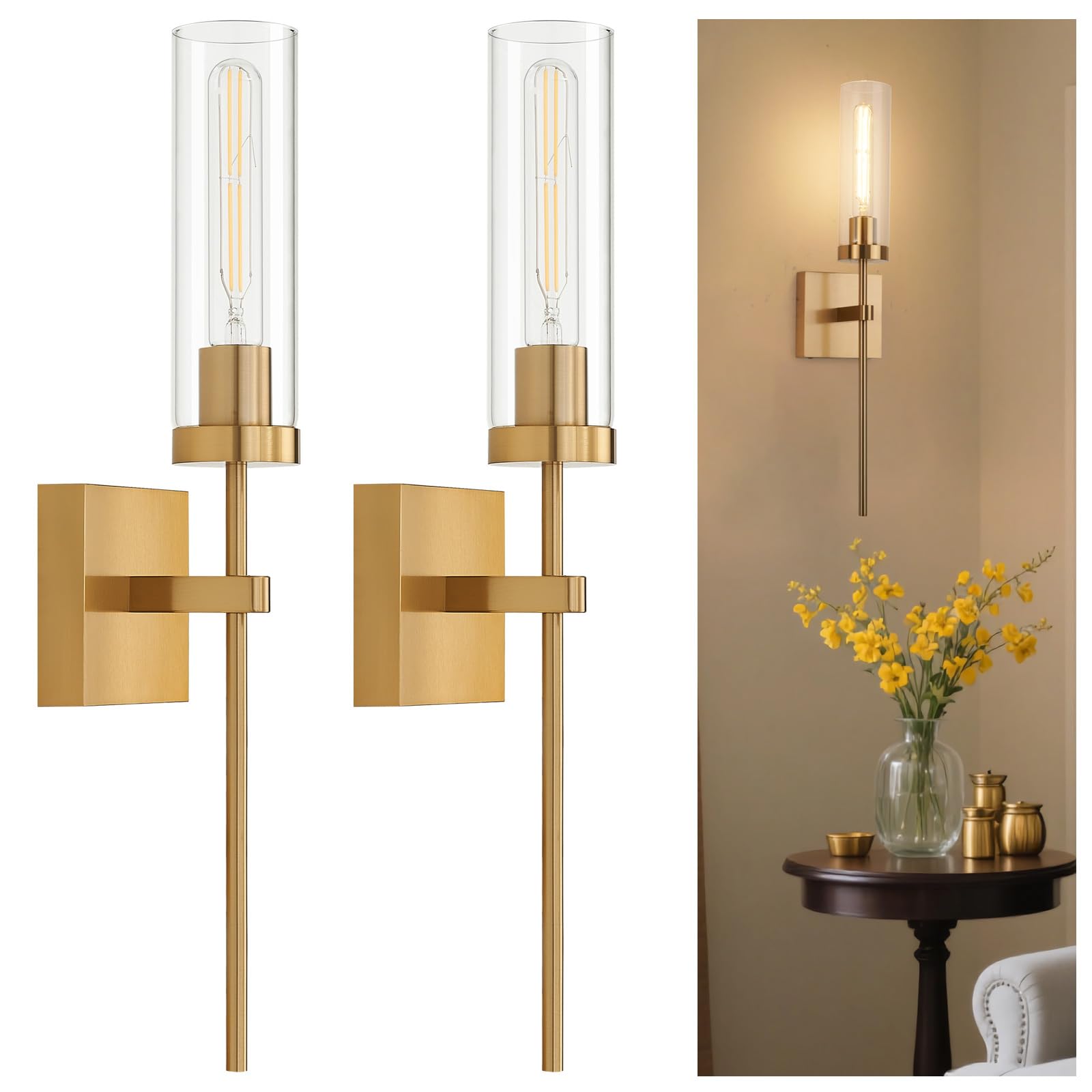 Hardwired Wall Sconces Set of Two, Bathroom Vanity Sconces Wall Lighting with Clear Glass Shade, Black and Gold Modern Farmhouse Wall Mount Lights for Mirror Bedroom Living Room Hallway Entryway
