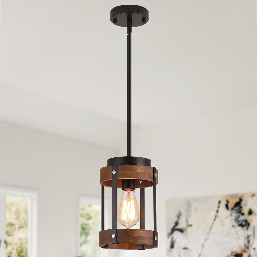 2 Pack Rustic Farmhouse Wood Pendant Light Fixture One-Light Adjustable Rods Oak Wood and Metal Drum Cage Small Pendant Lighting for Kitchen Island Sink Hallway Bathroom Bar Farmhouse, Black
