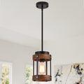 2 Pack Rustic Farmhouse Wood Pendant Light Fixture One-Light Adjustable Rods Oak Wood and Metal Drum Cage Small Pendant Lighting for Kitchen Island Sink Hallway Bathroom Bar Farmhouse, Black