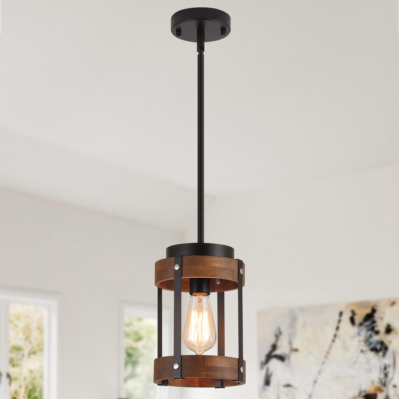 2 Pack Rustic Farmhouse Wood Pendant Light Fixture One-Light Adjustable Rods Oak Wood and Metal Drum Cage Small Pendant Lighting for Kitchen Island Sink Hallway Bathroom Bar Farmhouse, Black