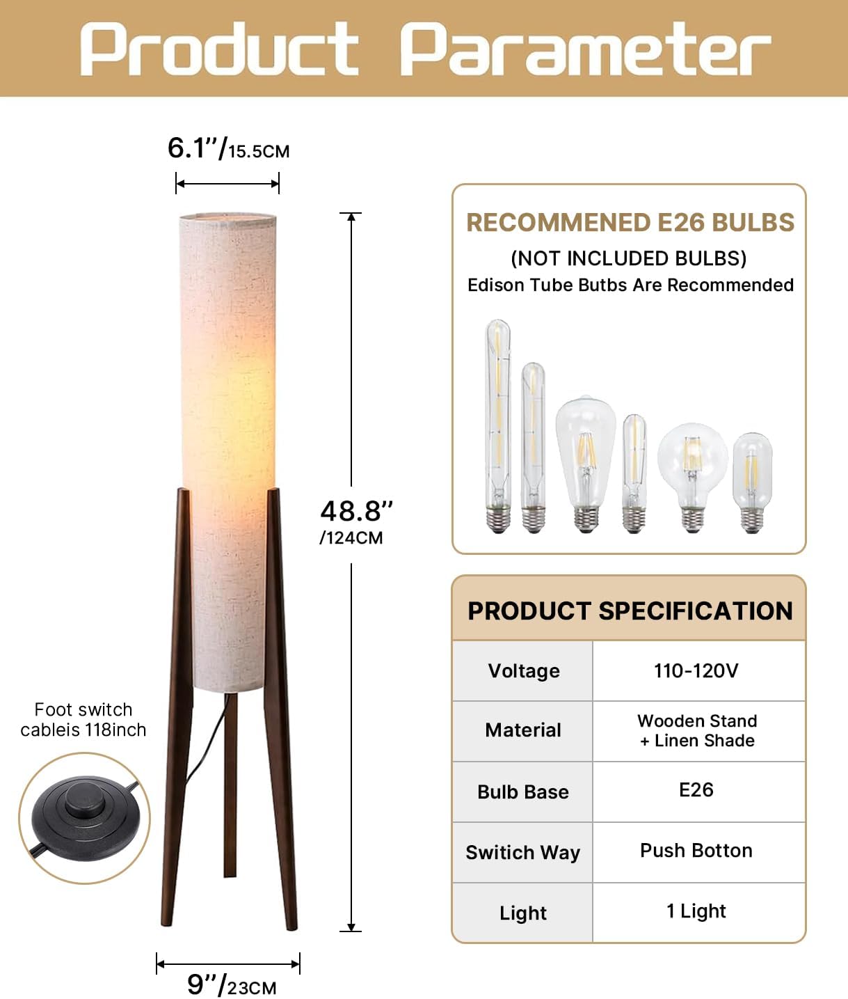 Walnut Wood Tripod Floor Lamp, 48.8 in High Vintage Column Floor Lamps with White Fabric Lampshade, Mid Century Modern Floor Lamp for Bedroom Living Room Home Office (Walnut)