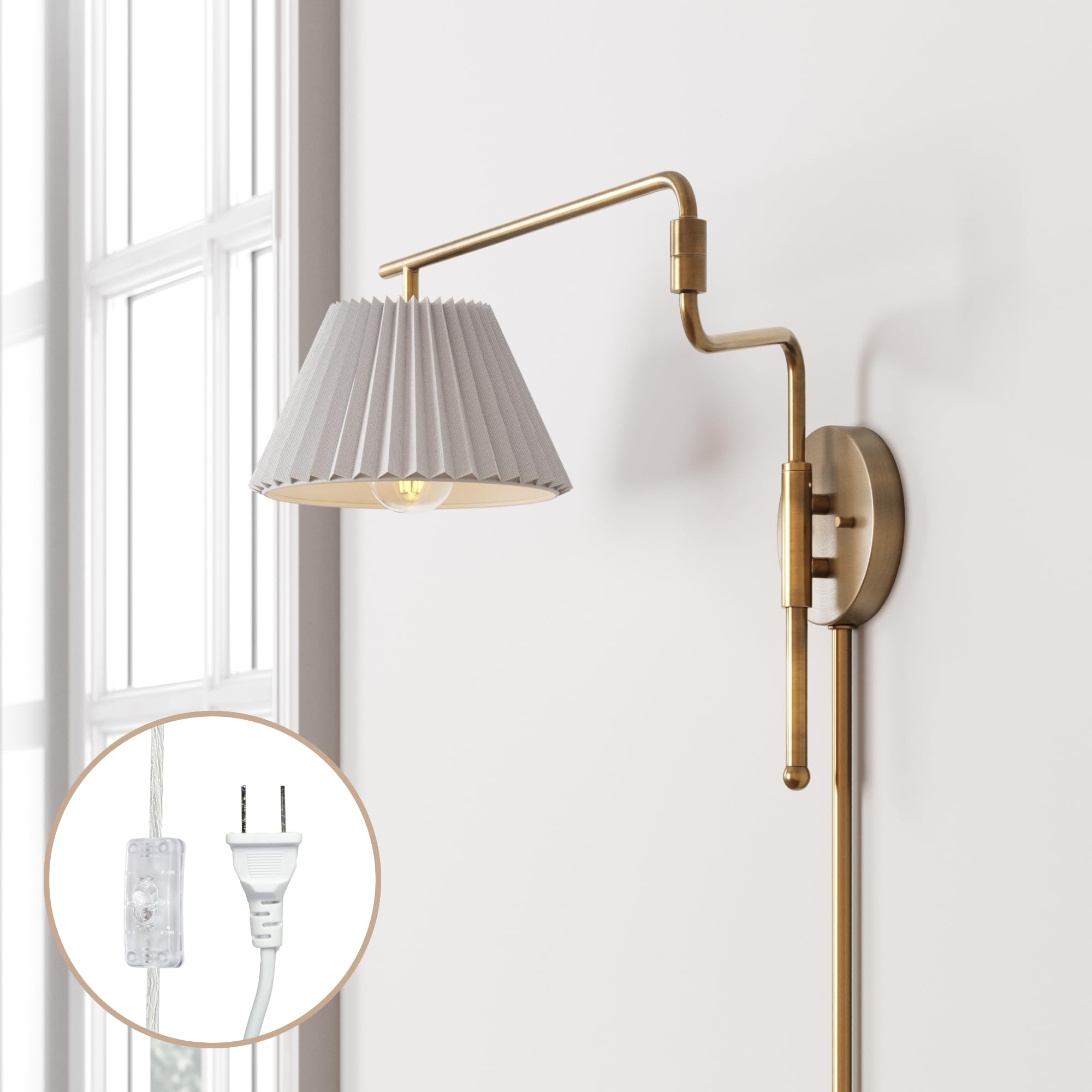 Nathan James Tamlin Wall Light Fixture, Wall Mounted 1-Light Lamp, Plugin Sconce with On/Off Switch for Living Room, Reading Nook or Bedroom, Vintage Brass/Matte Black