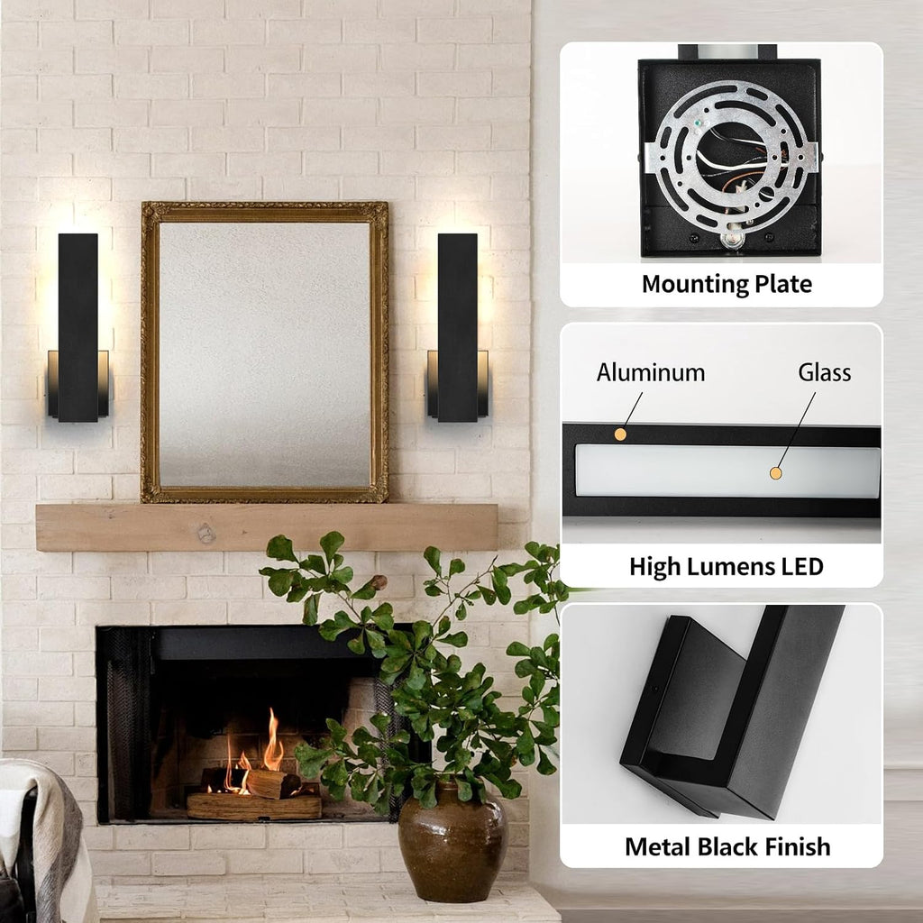 Set of 2 18W Matte Black Aluminum Waterproof LED Wall Sconces, Hardwired Indoor Outdoor Wall Lights for Bedroom Bathroom Porch Stairway Office Living Room