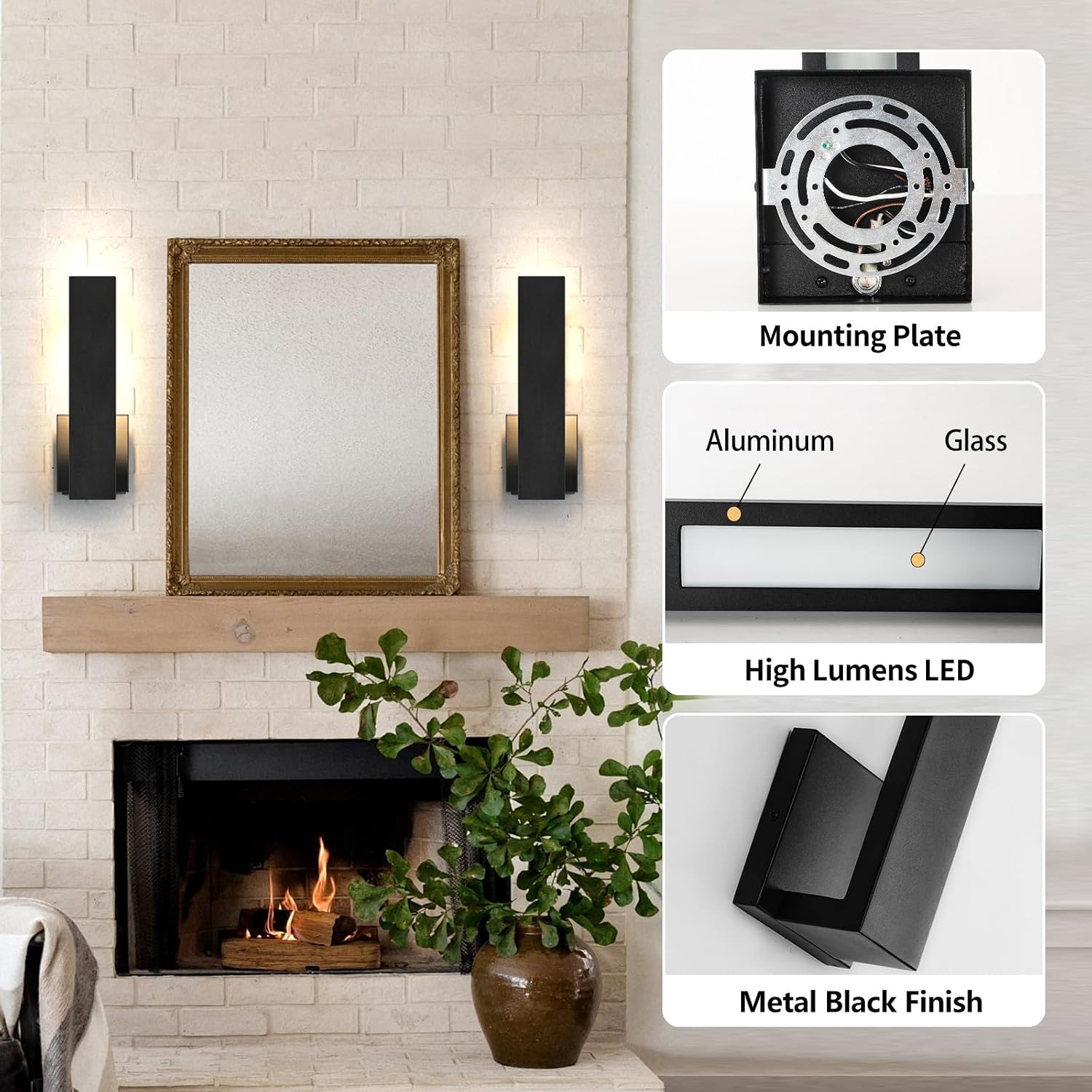 Set of 2 18W Matte Black Aluminum Waterproof LED Wall Sconces, Hardwired Indoor Outdoor Wall Lights for Bedroom Bathroom Porch Stairway Office Living Room