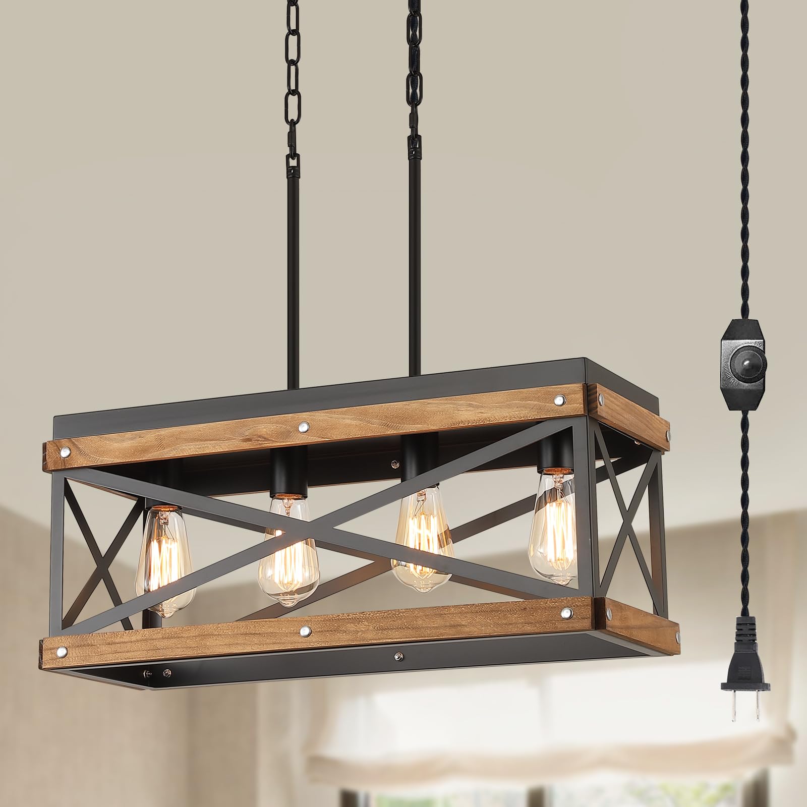 2 Pack Rustic Farmhouse Plug in Pendant Light Fixture with Adjustable Chain, Dimmable Switch, Oak Wood and Metal Drum Cage Mini Hanging Lamp for Kitchen Island Living Room Hallway Farmhouse, Black