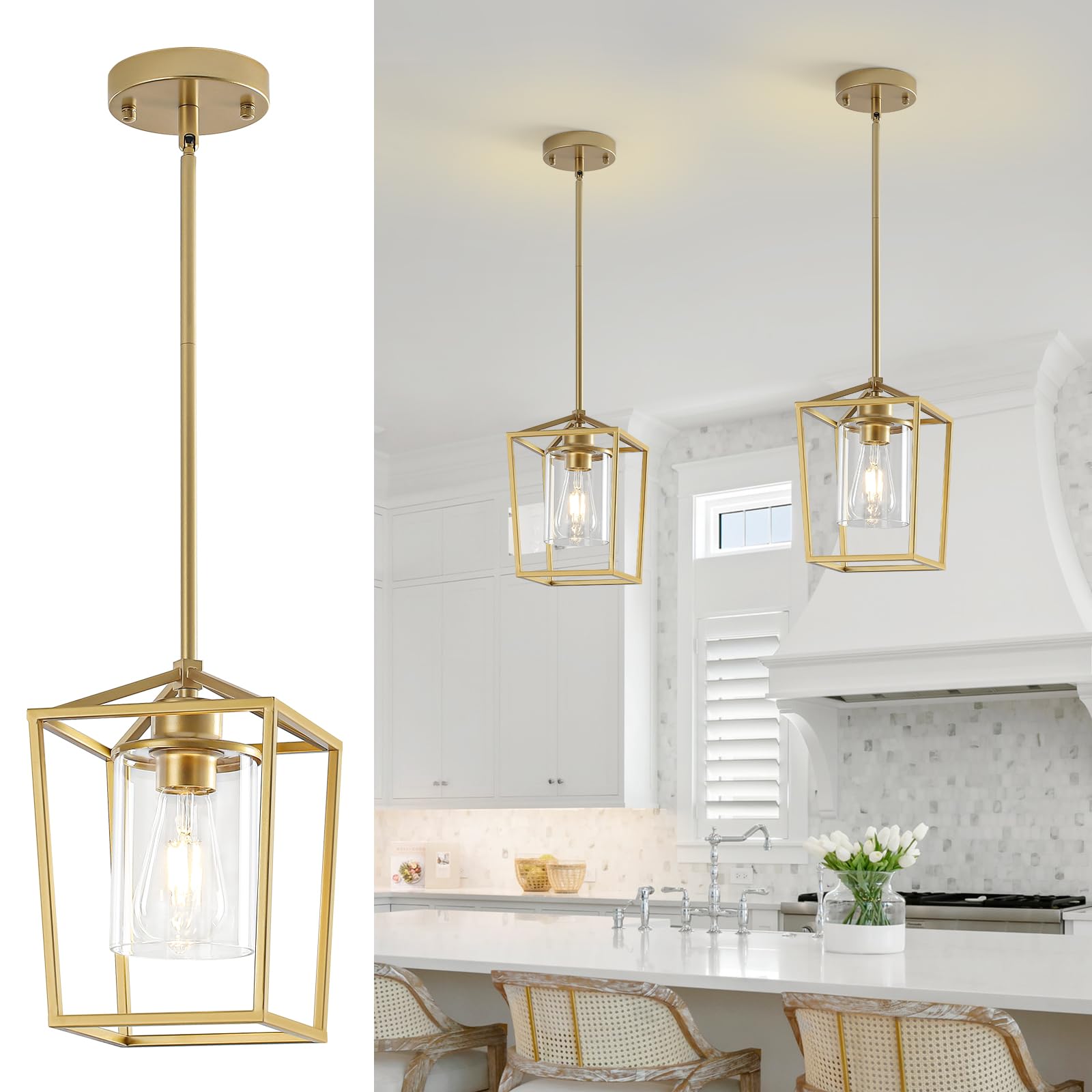 2 Pack 1-Light Black Pendant Lights for Kitchen Island, Farmhouse Metal Pendant Light Iron Cage Hanging Light Fixtures with Clear Glass Shade for Dining Room, Entryway, Hallway, Foyer