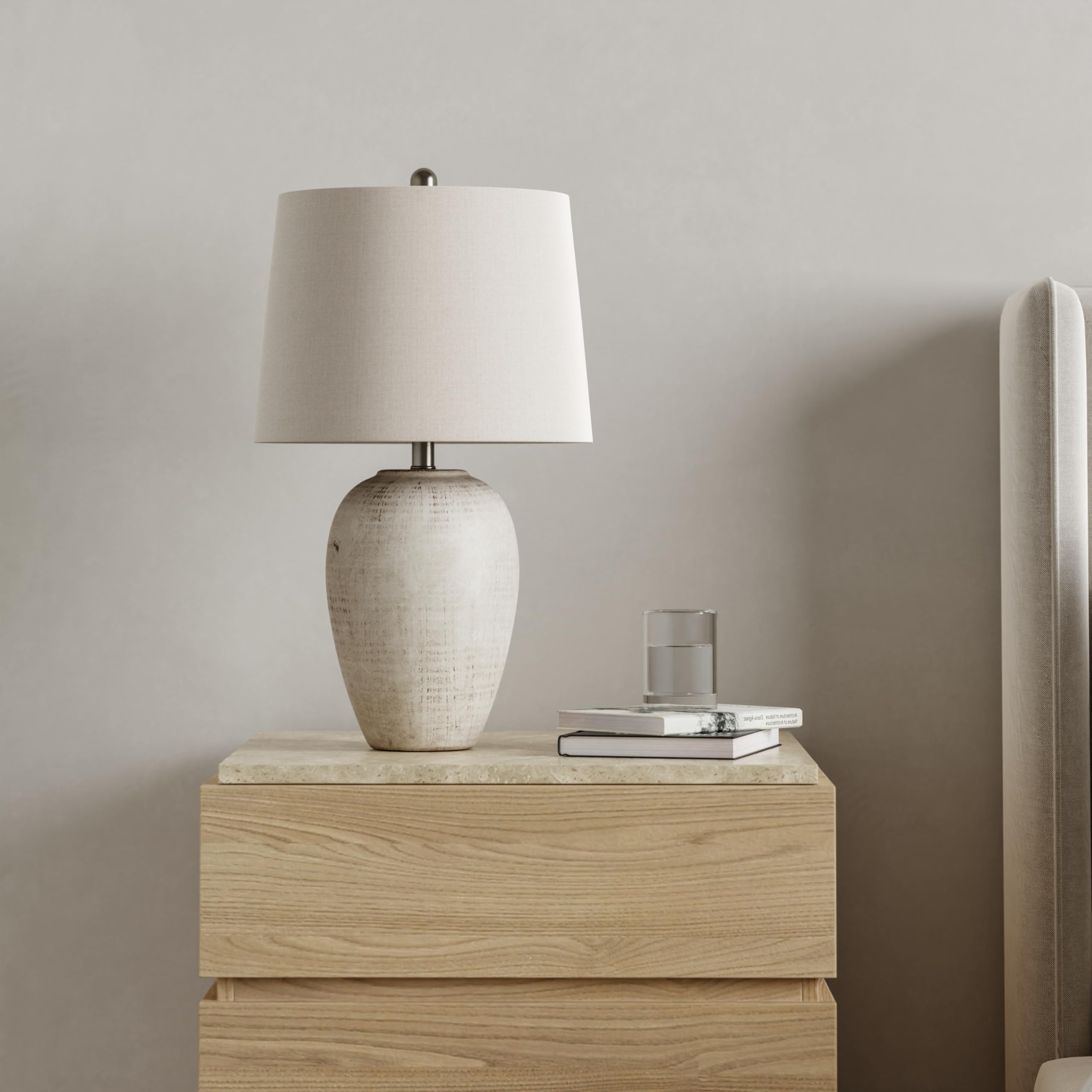 Nourison Home 23" Natural White Ceramic Jar Table Lamp for Bedroom, Living Room, Dining Office, with Off-White Shade