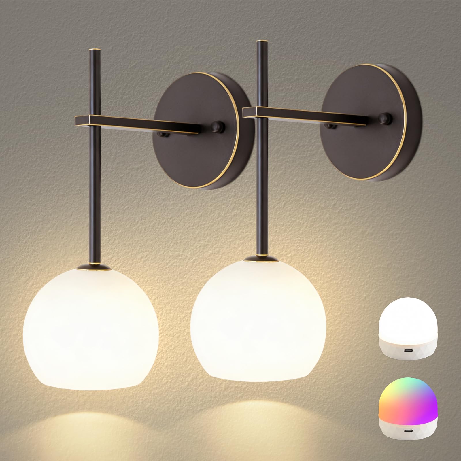 Black Battery Operated Wall Sconces Set of 2, Rechargeable Wireless Wall Lights with Milky White Frosted Glass Shade, 12 RGB and 3CCT Dimmable, Wall Lamps with Remote for Bedroom Living Room Hallway