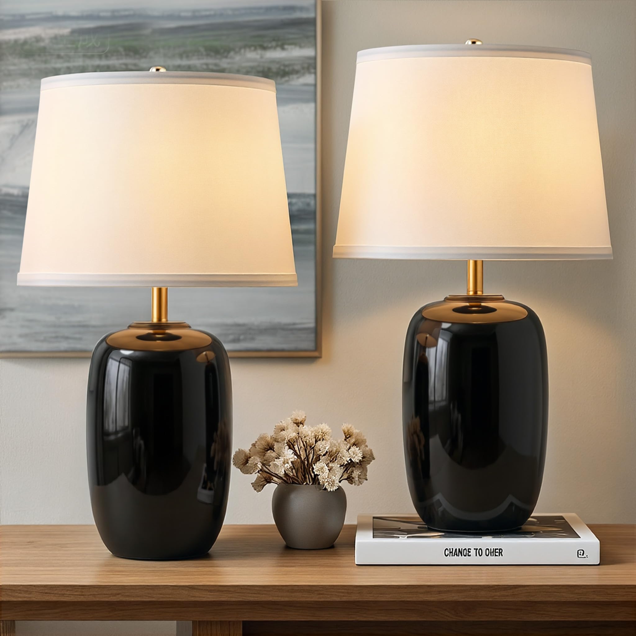 PUSU 22 Inch White Ceramic Table Lamps Set of 2, Fabric Lampshade Living Room Office Desk lamp, E26 Socket Rotary Switch Lighting for Bedroom, Nightstand, Reading, Office, Study, Corner, Home Decor