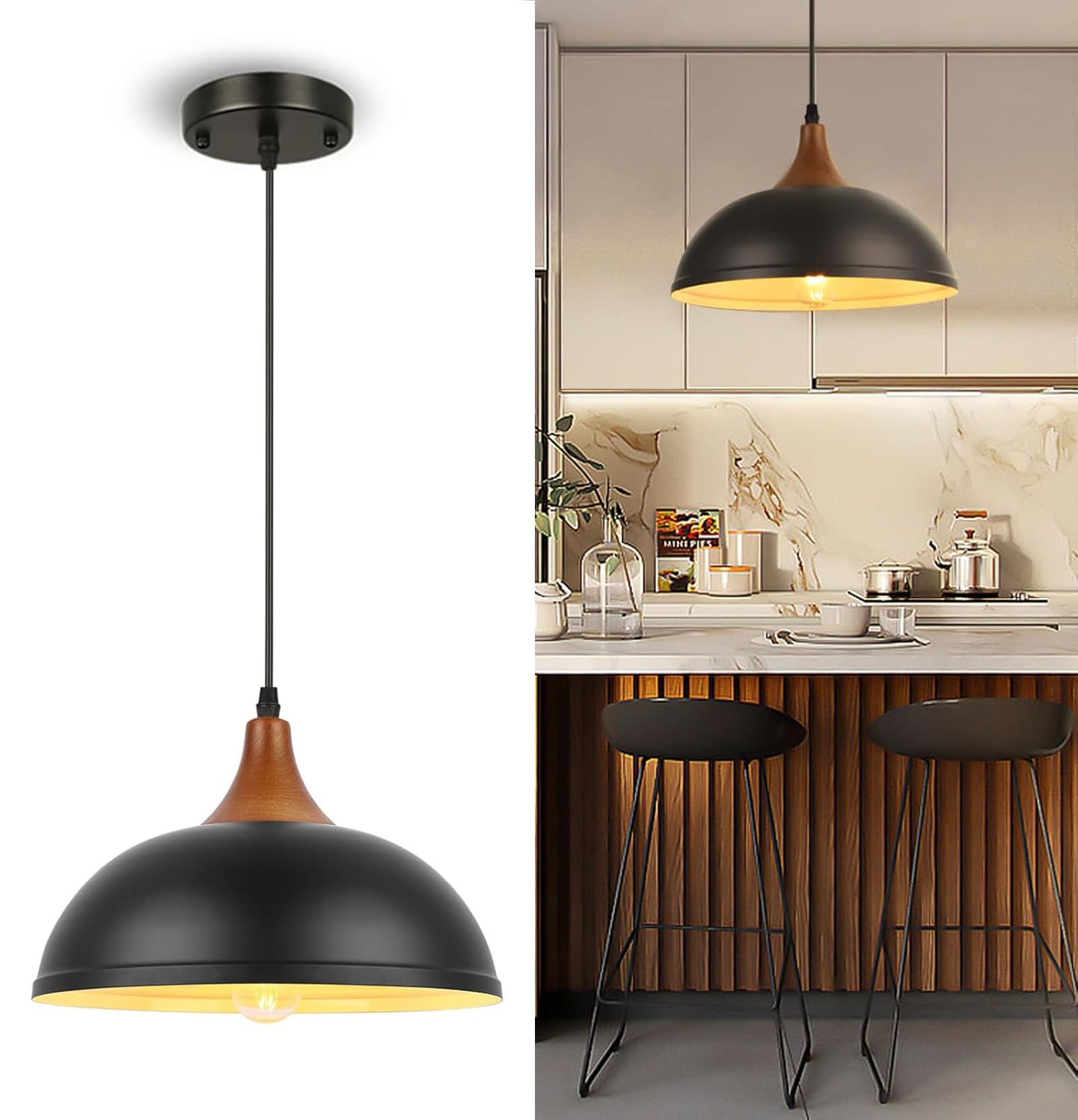 Industrial Pendant Lights 2 Pack Farmhouse Pendant Lights with Adjustable Chain, D10.2 Rustic Pendant Lighting Barn Black Metal Hanging Lights with Wire Cage for Kitchen Island Dining Room