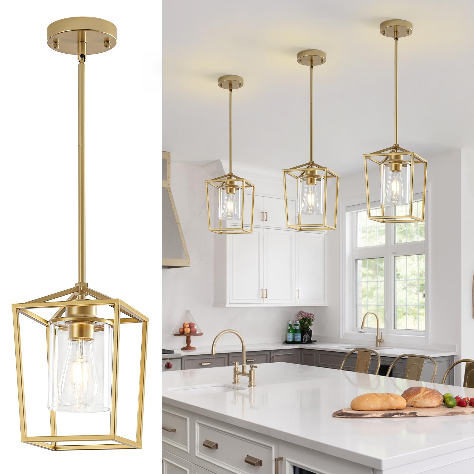2 Pack 1-Light Black Pendant Lights for Kitchen Island, Farmhouse Metal Pendant Light Iron Cage Hanging Light Fixtures with Clear Glass Shade for Dining Room, Entryway, Hallway, Foyer