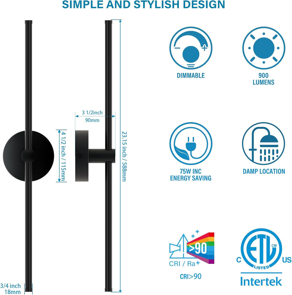 ZAGO 24 Inch LED Indoor Linear Wall Sconces Set of Two, 3CCT Switchable, Matte Black, Hardwired and Wall Mounted, Dimmable for Living Room, Hallway, Bedroom, 120-277V, 14W, 900LM, ETL Certified