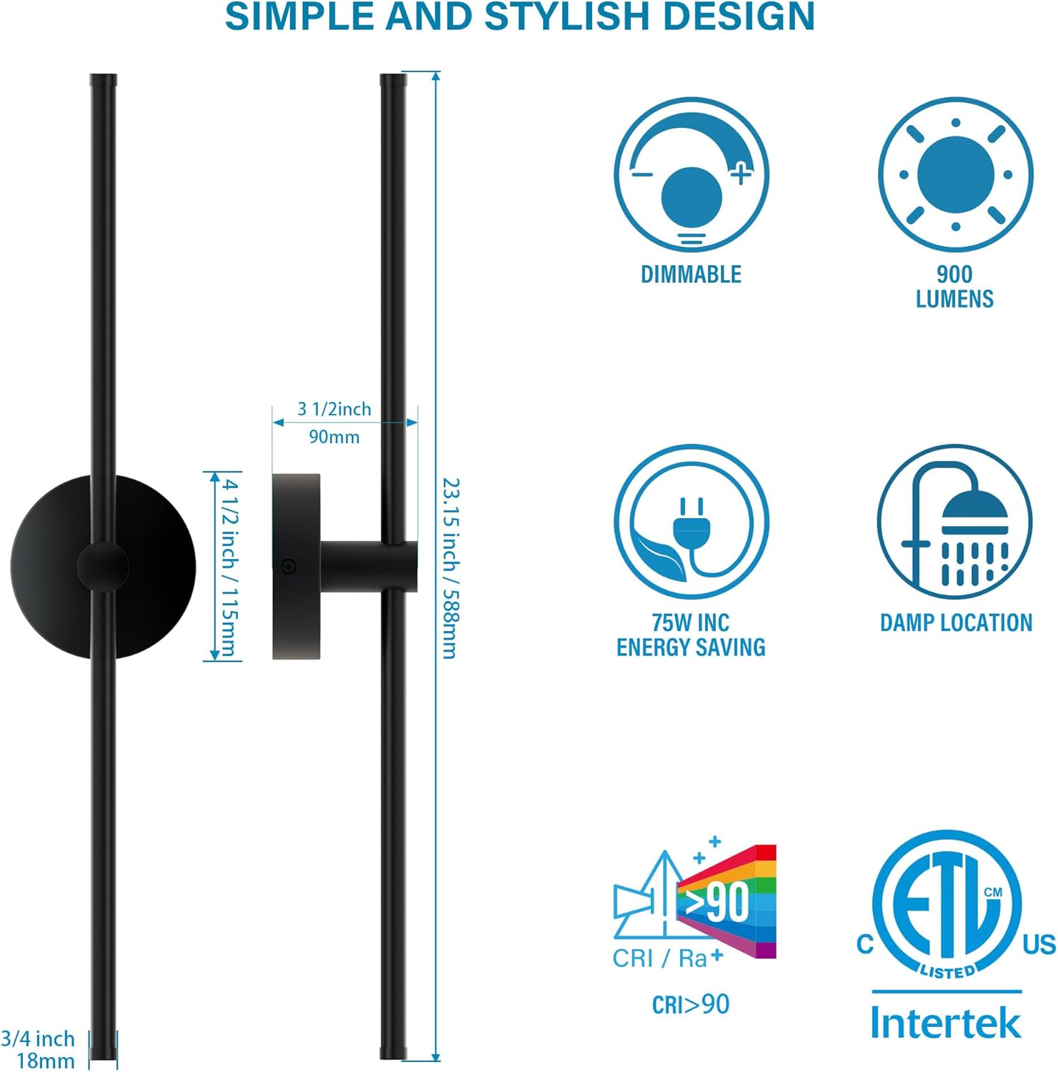 ZAGO 24 Inch LED Indoor Linear Wall Sconces Set of Two, 3CCT Switchable, Matte Black, Hardwired and Wall Mounted, Dimmable for Living Room, Hallway, Bedroom, 120-277V, 14W, 900LM, ETL Certified