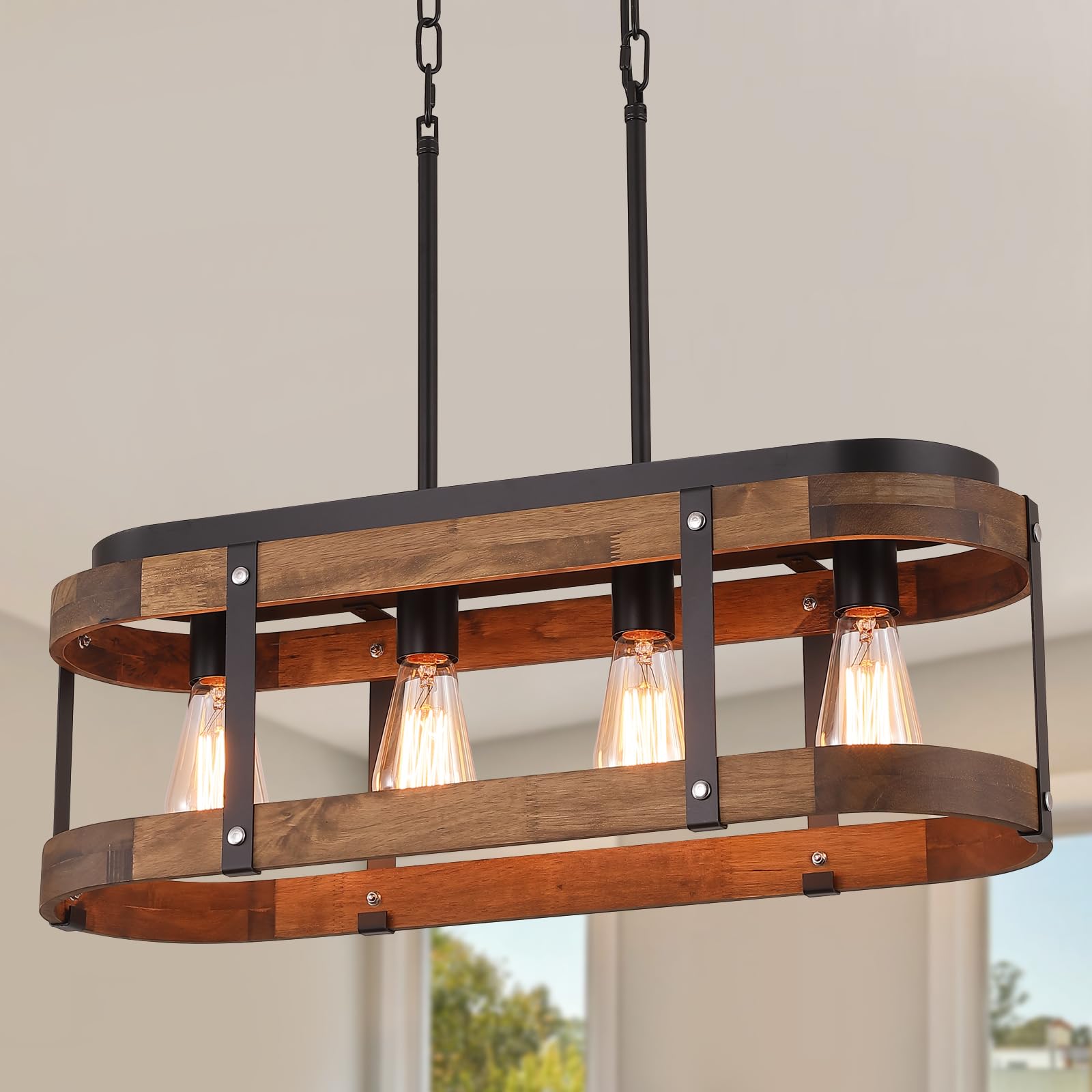 2 Pack Rustic Farmhouse Wood Pendant Light Fixture One-Light Adjustable Rods Oak Wood and Metal Drum Cage Small Pendant Lighting for Kitchen Island Sink Hallway Bathroom Bar Farmhouse, Black