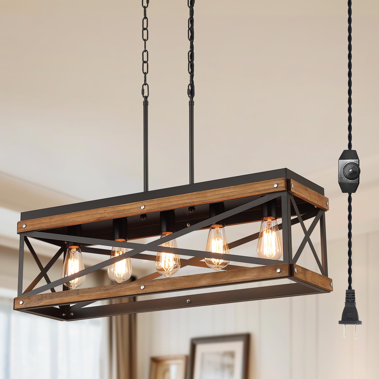 2 Pack Rustic Farmhouse Plug in Pendant Light Fixture with Adjustable Chain, Dimmable Switch, Oak Wood and Metal Drum Cage Mini Hanging Lamp for Kitchen Island Living Room Hallway Farmhouse, Black