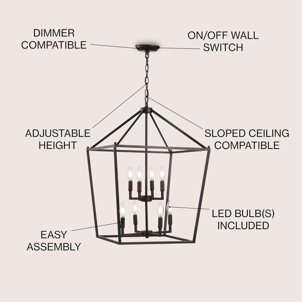 JONATHAN Y 20" Oil Rubbed Bronze Lantern Pendant Light, 8-Light Pagoda Style Metal Cage Farmhouse Hanging Ceiling Fixture for Kitchen Island, LED Bulb Included (JYL7438A)