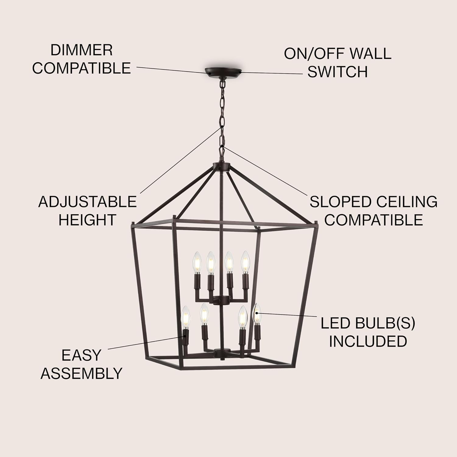 JONATHAN Y 20" Oil Rubbed Bronze Lantern Pendant Light, 8-Light Pagoda Style Metal Cage Farmhouse Hanging Ceiling Fixture for Kitchen Island, LED Bulb Included (JYL7438A)