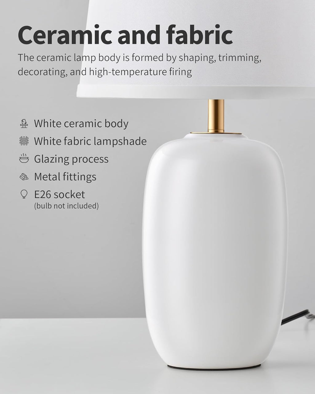 PUSU 22 Inch White Ceramic Table Lamps Set of 2, Fabric Lampshade Living Room Office Desk lamp, E26 Socket Rotary Switch Lighting for Bedroom, Nightstand, Reading, Office, Study, Corner, Home Decor