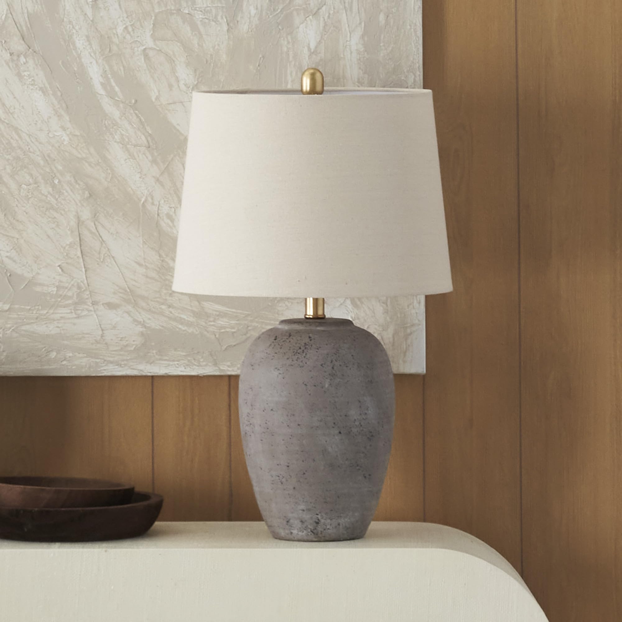 Nourison Home 23" Natural White Ceramic Jar Table Lamp for Bedroom, Living Room, Dining Office, with Off-White Shade