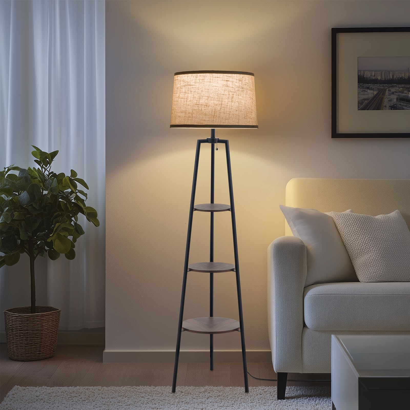 EOEYYOYB 3 Tier Shelf Floor Lamps for Living Room, Modern Standing Lamp with 3 Color Temperature Led Bulb, Tall Lamps for Bedroom and Office, Black