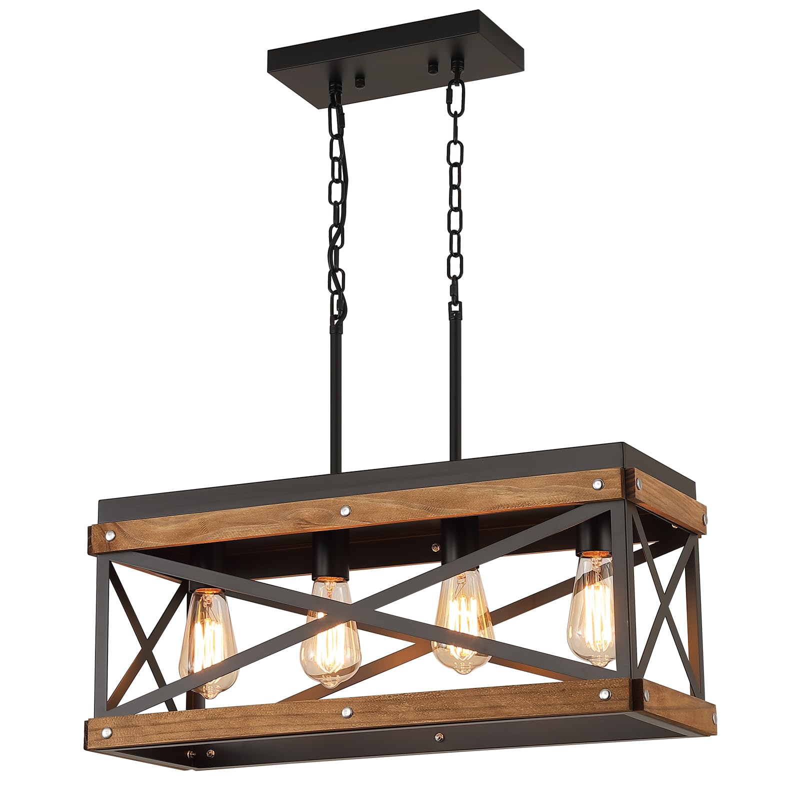 Rustic Farmhouse Wood Pendant Light Fixture One-Light Adjustable Chain Oak Wood and Metal Lantern Cage Small Pendant Lighting for Kitchen Island Sink Hallway Farmhouse Bathroom Bar, Black