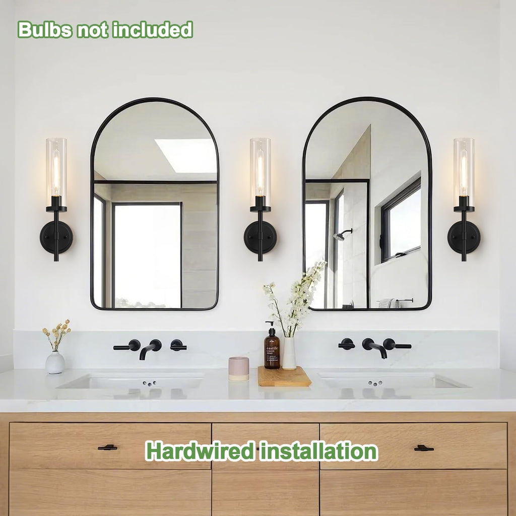 Hardwired Wall Sconces Set of Two, Matte Black Bathroom Sconces with Clear Glass, Modern Wall Light Fixtures for Bathroom Mirror Vanity, Living Room, Bedroom, Hallway, Stairway, Cabinet, Foyer