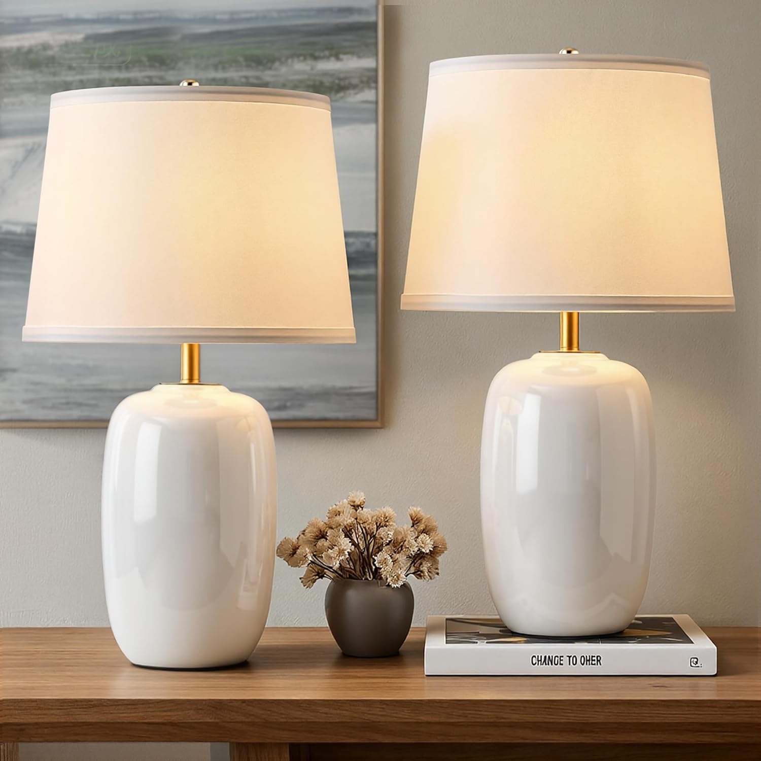 PUSU 22 Inch White Ceramic Table Lamps Set of 2, Fabric Lampshade Living Room Office Desk lamp, E26 Socket Rotary Switch Lighting for Bedroom, Nightstand, Reading, Office, Study, Corner, Home Decor