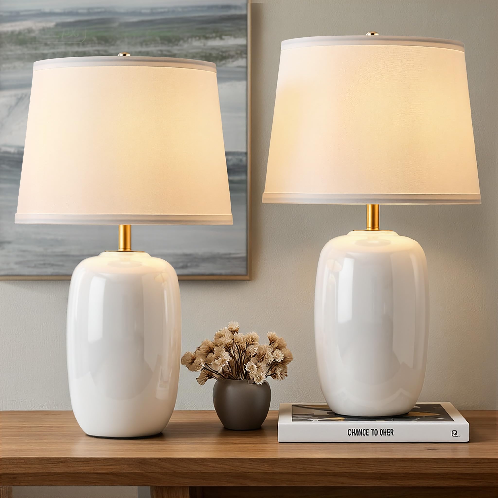 PUSU 22 Inch White Ceramic Table Lamps Set of 2, Fabric Lampshade Living Room Office Desk lamp, E26 Socket Rotary Switch Lighting for Bedroom, Nightstand, Reading, Office, Study, Corner, Home Decor