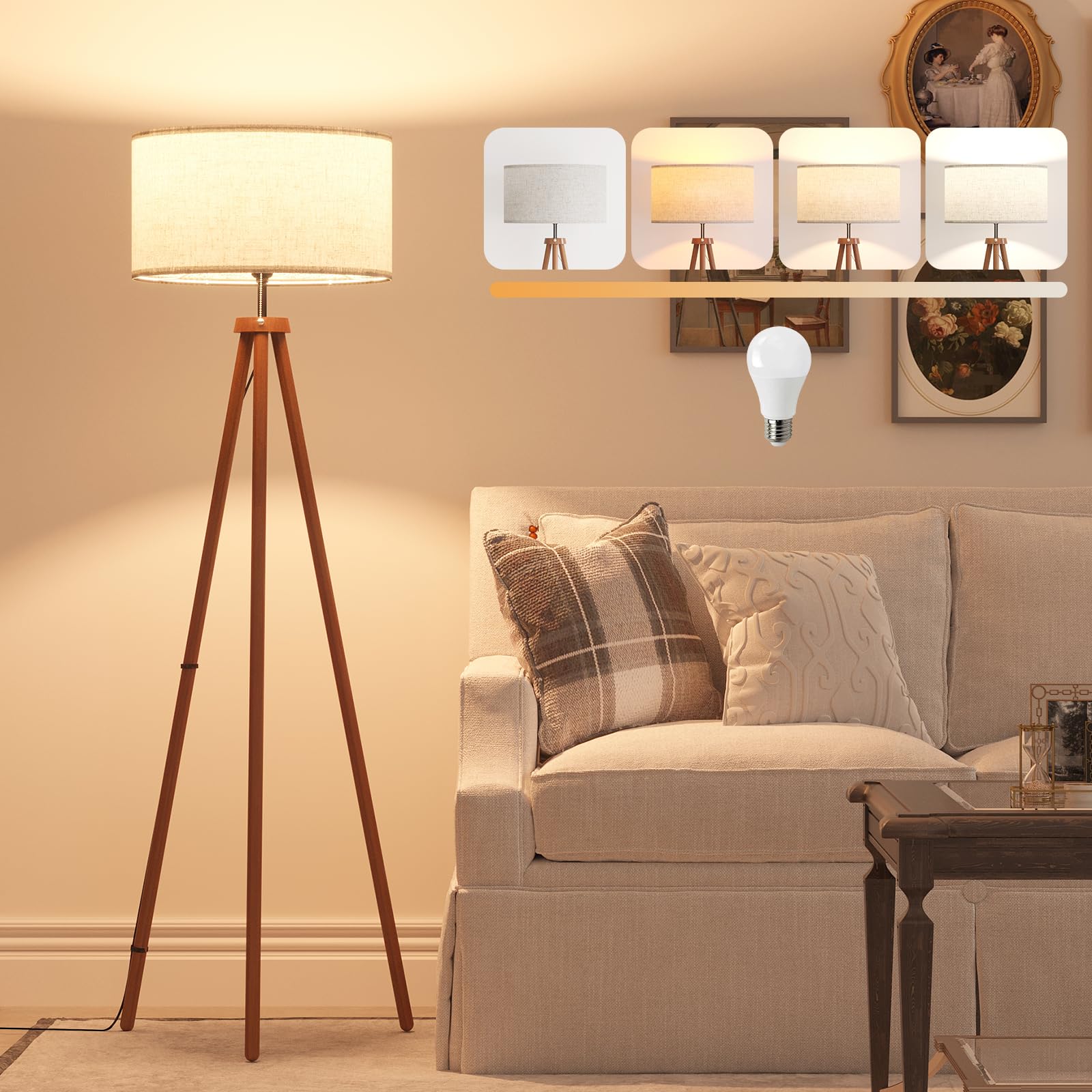 LiteHistory Wood Tripod Floor Lamps for Bedroom, Living Room, and Office, Corner lamp with Beige Linen Shade, 12W Three-Color Bulb Included, Pull Chain Switch, Gifts for mom for Home Decor, Walnut
