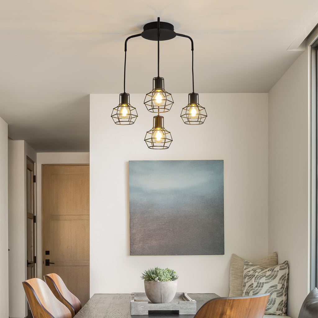 4-Light Pendant Light Fixtures, Industrial Farmhouse Hanging Lighting, Black Metal Cage Dining Room Chandelier, Height Adjustable Multi-Light Ceiling Lamp for Kitchen Island, Foyer, Entryway, E26 Base