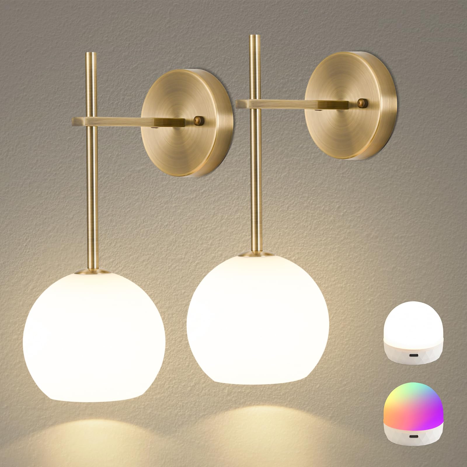 Black Battery Operated Wall Sconces Set of 2, Rechargeable Wireless Wall Lights with Milky White Frosted Glass Shade, 12 RGB and 3CCT Dimmable, Wall Lamps with Remote for Bedroom Living Room Hallway