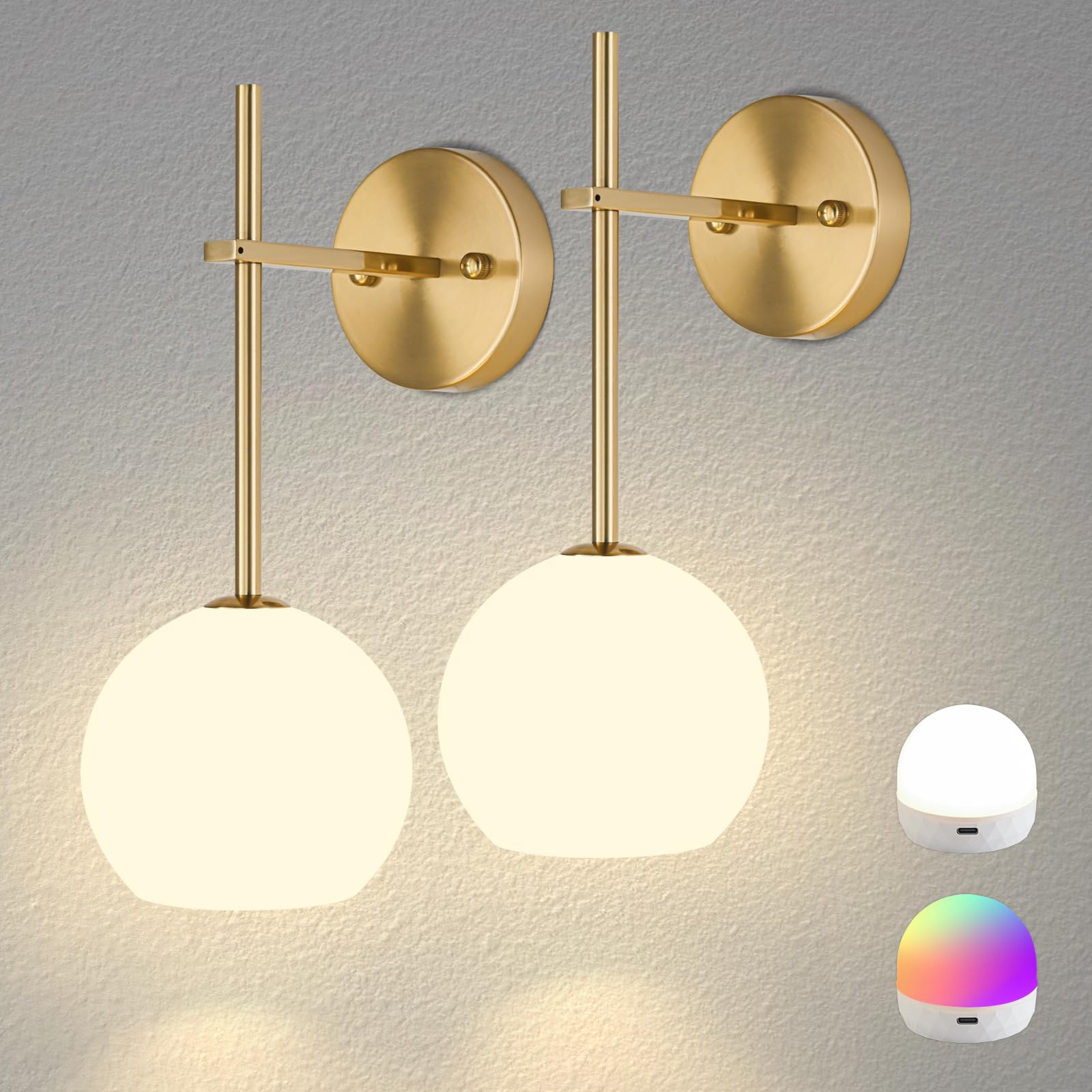 Black Battery Operated Wall Sconces Set of 2, Rechargeable Wireless Wall Lights with Milky White Frosted Glass Shade, 12 RGB and 3CCT Dimmable, Wall Lamps with Remote for Bedroom Living Room Hallway