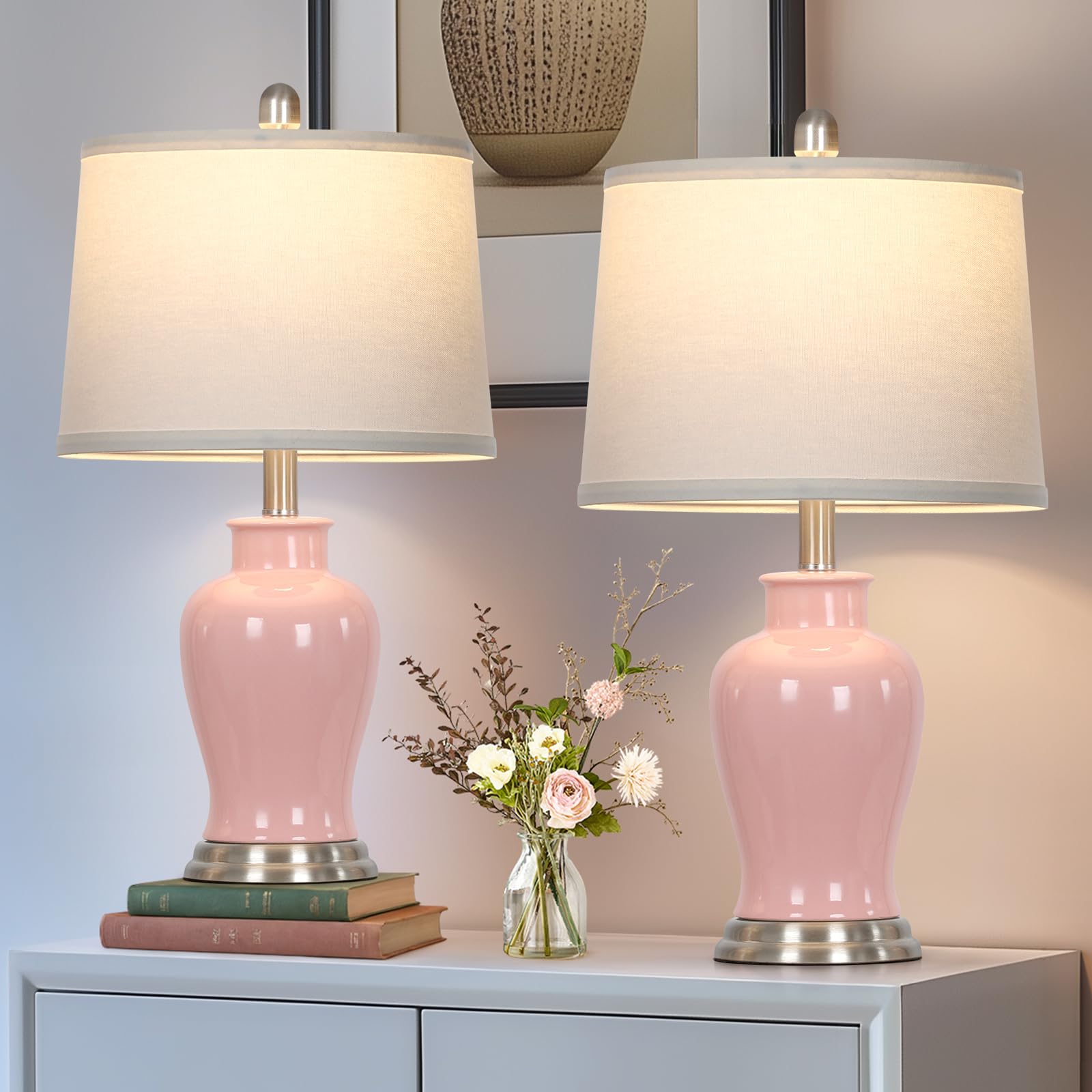 Modern Ceramic Table Lamps Set of 2, 23" White Ceramic Lamps for Living Room, Rustic Farmhouse Bedside Lamp with Ginger Jar Design, Elegant Bedroom Lamp for Nightstand Desk Side End Table Home Decor