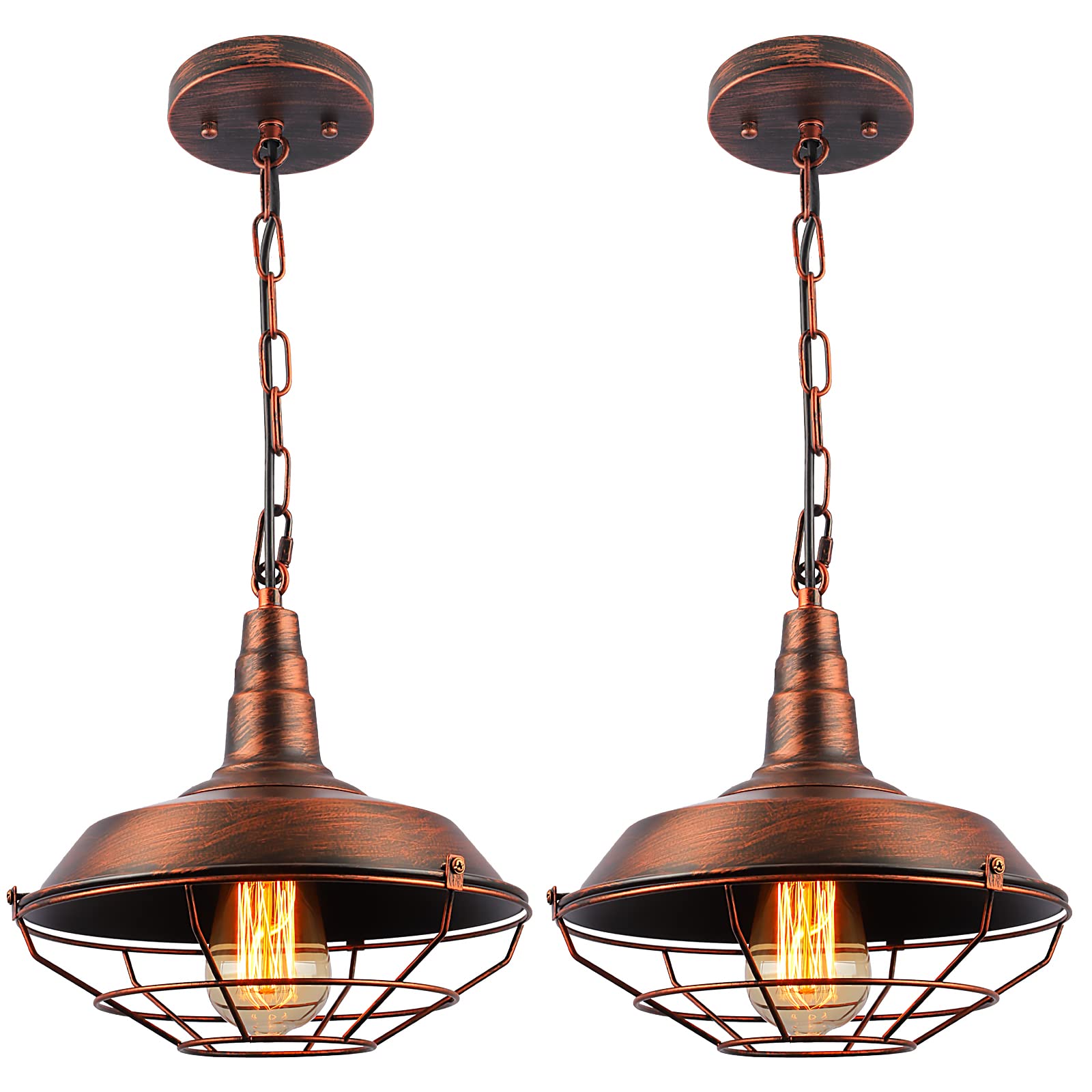 Industrial Pendant Lights 2 Pack Farmhouse Pendant Lights with Adjustable Chain, D10.2 Rustic Pendant Lighting Barn Black Metal Hanging Lights with Wire Cage for Kitchen Island Dining Room