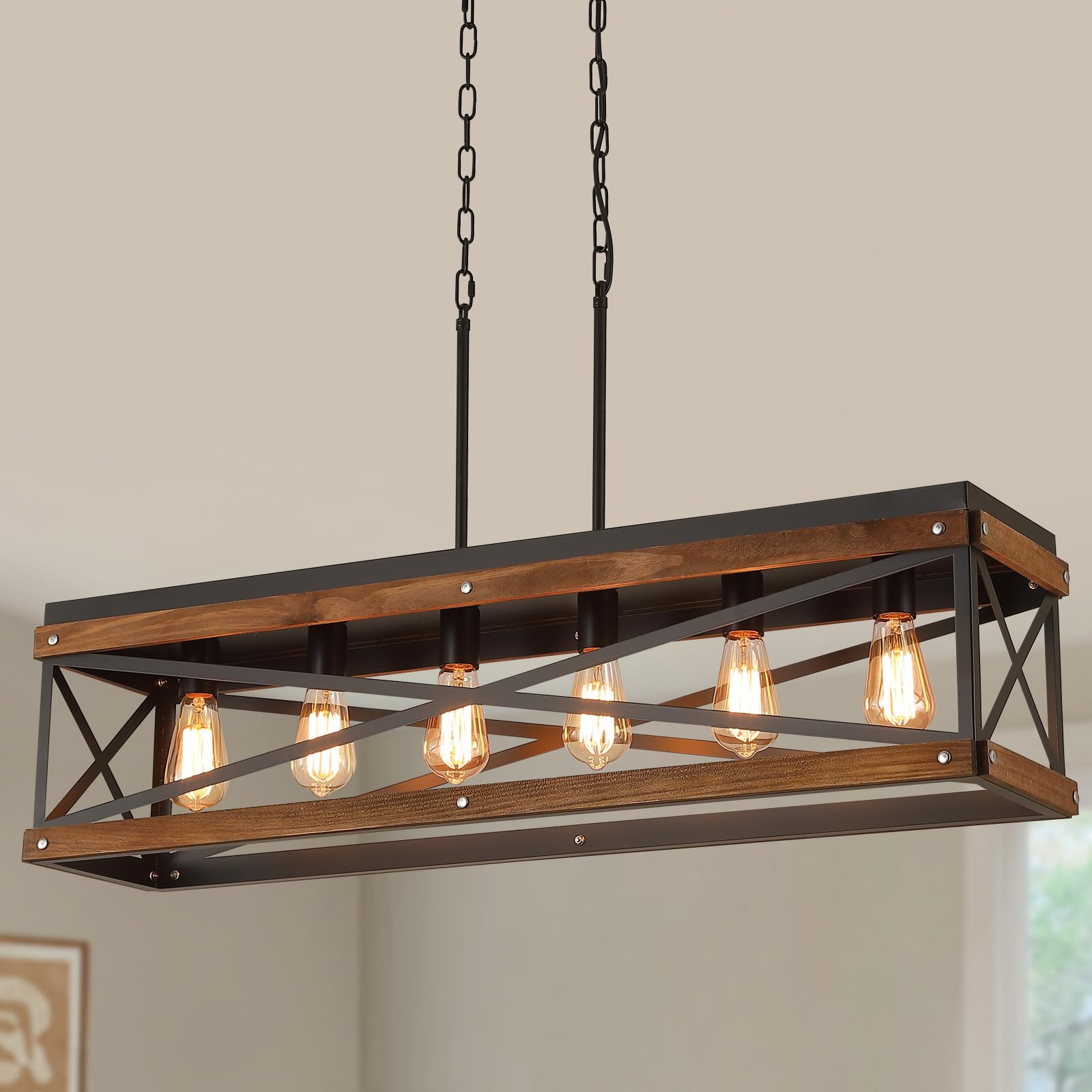 Rustic Farmhouse Wood Pendant Light Fixture One-Light Adjustable Chain Oak Wood and Metal Lantern Cage Small Pendant Lighting for Kitchen Island Sink Hallway Farmhouse Bathroom Bar, Black
