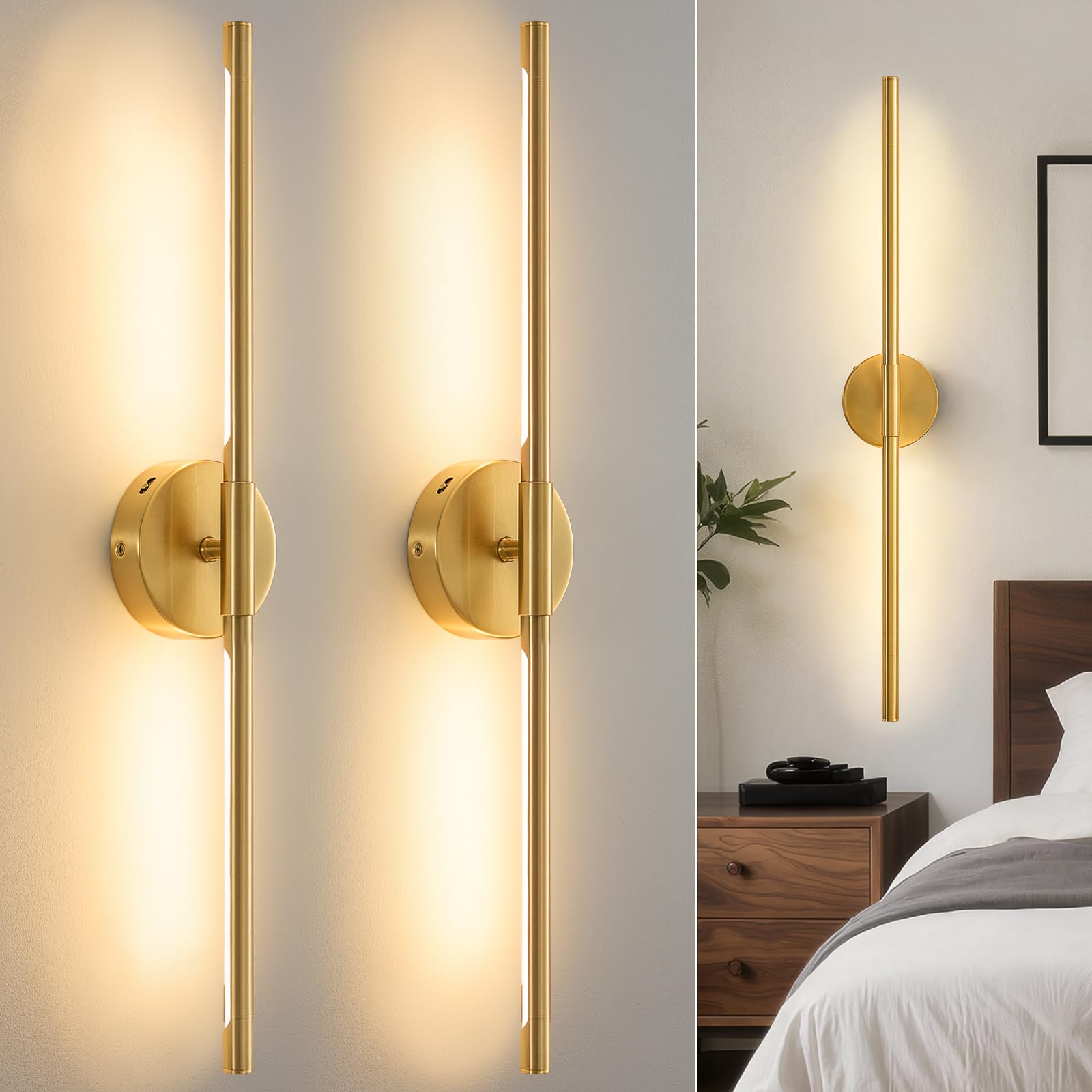 Lightania Hardwired Wall Sconces Set of Two, 24'' Modern Black LED Wall Lights, 360° Rotatable, 2700K-5000K Adjustable, 3CCT Dimmable Wall Sconce Light Fixture for Living Room Bedroom Hallway, ETL