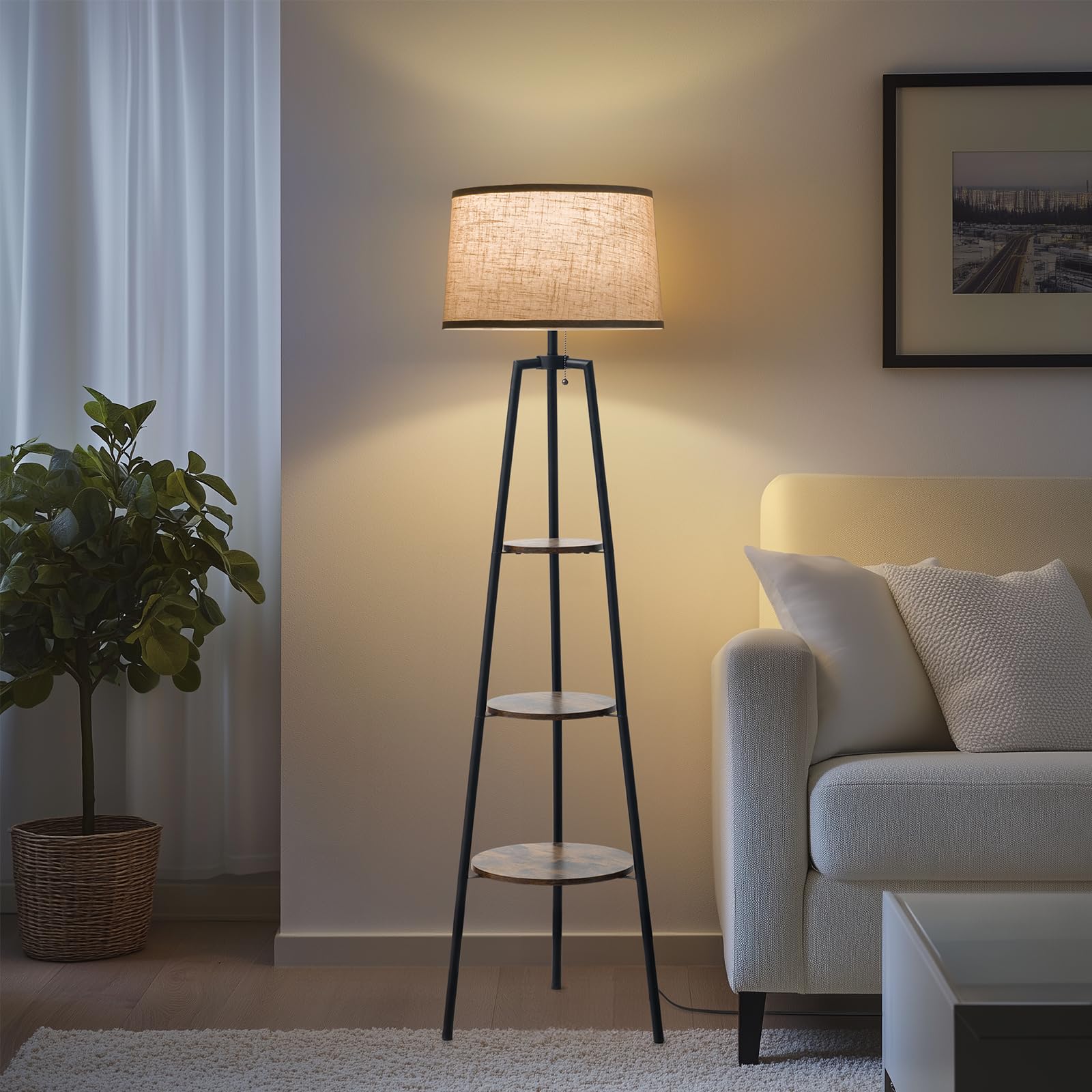 EOEYYOYB 3 Tier Shelf Floor Lamps for Living Room, Modern Standing Lamp with 3 Color Temperature Led Bulb, Tall Lamps for Bedroom and Office, Black