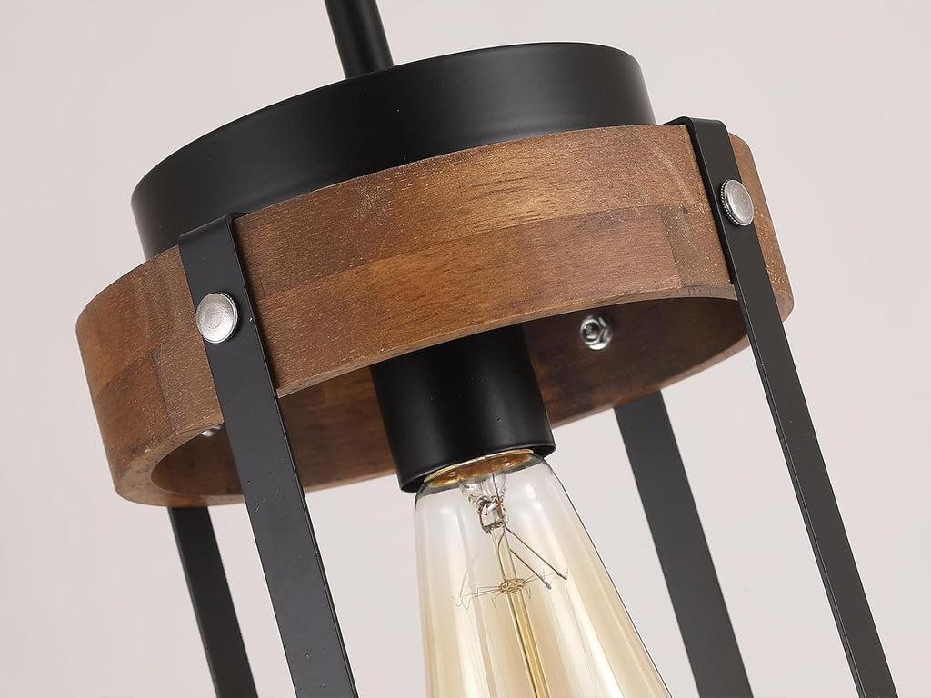 2 Pack Rustic Farmhouse Wood Pendant Light Fixture One-Light Adjustable Rods Oak Wood and Metal Drum Cage Small Pendant Lighting for Kitchen Island Sink Hallway Bathroom Bar Farmhouse, Black