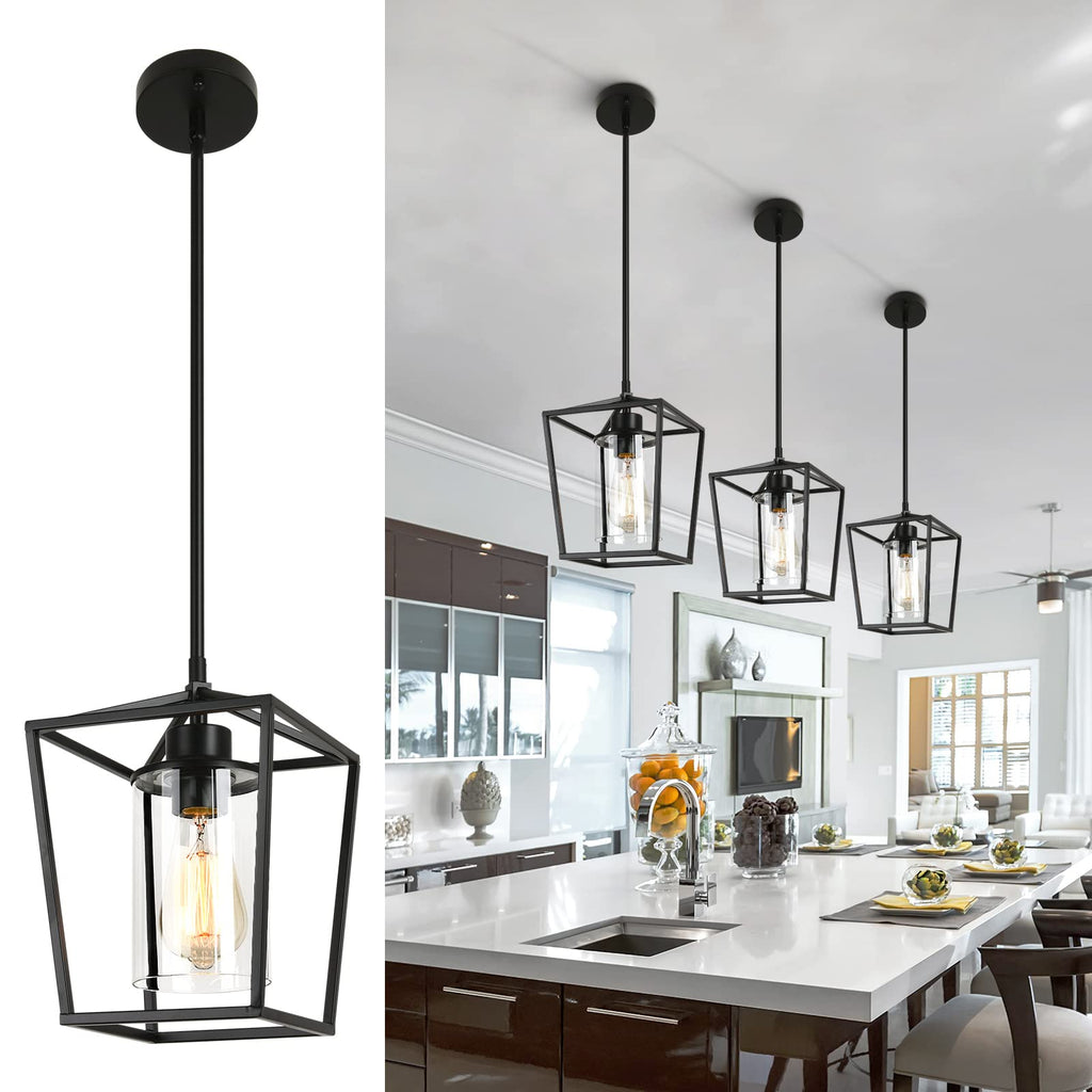2 Pack 1-Light Black Pendant Lights for Kitchen Island, Farmhouse Metal Pendant Light Iron Cage Hanging Light Fixtures with Clear Glass Shade for Dining Room, Entryway, Hallway, Foyer