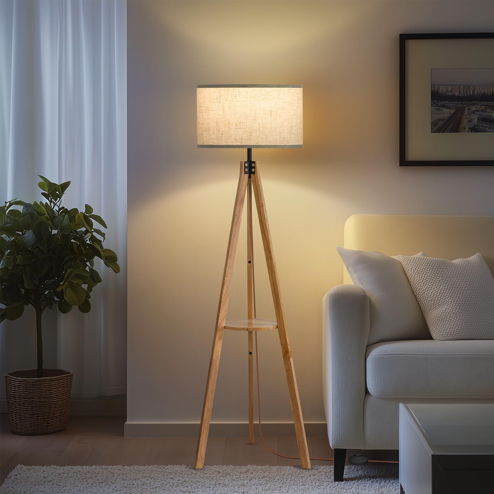 EOEYYOYB Floor Lamp with 3 Light Modes Adjustable– Wood Tripod Floor Lamp Modern LED Standing Lamps with Dimmable Brightness, Perfect for Living Room, Bedroom, and Office, Juglans Nigra